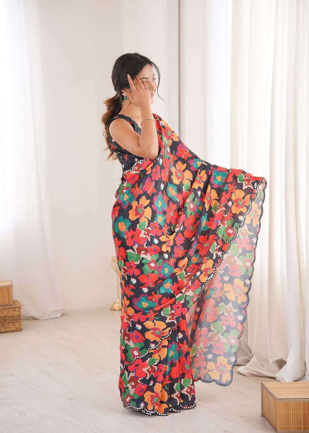 Jyoti Fashion Women's Multicolor Chinon Digital Printed Designer Saree with Blouse