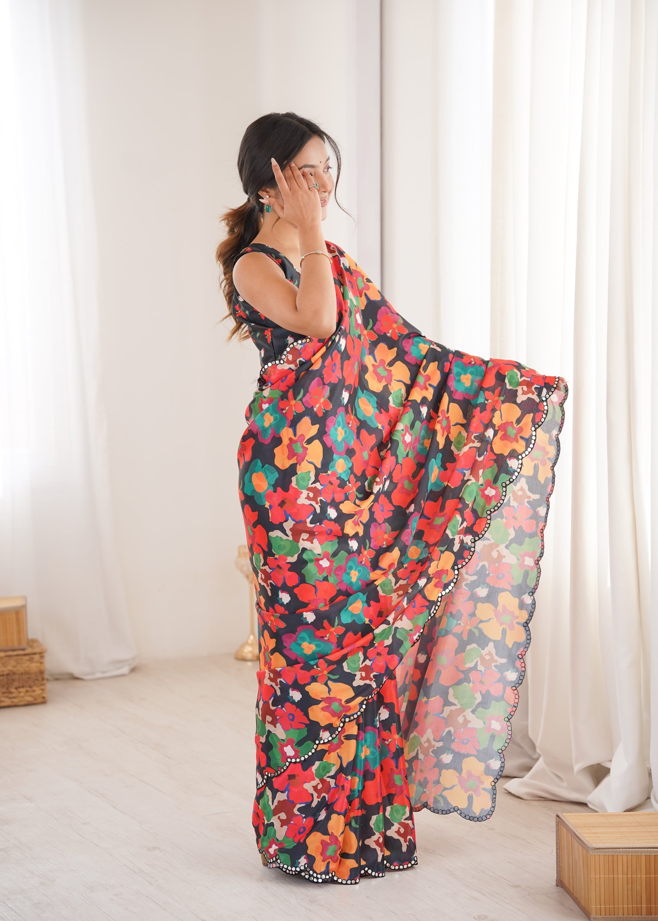 Jyoti Fashion Women's Multicolor Chinon Digital Printed Designer Saree with Blouse