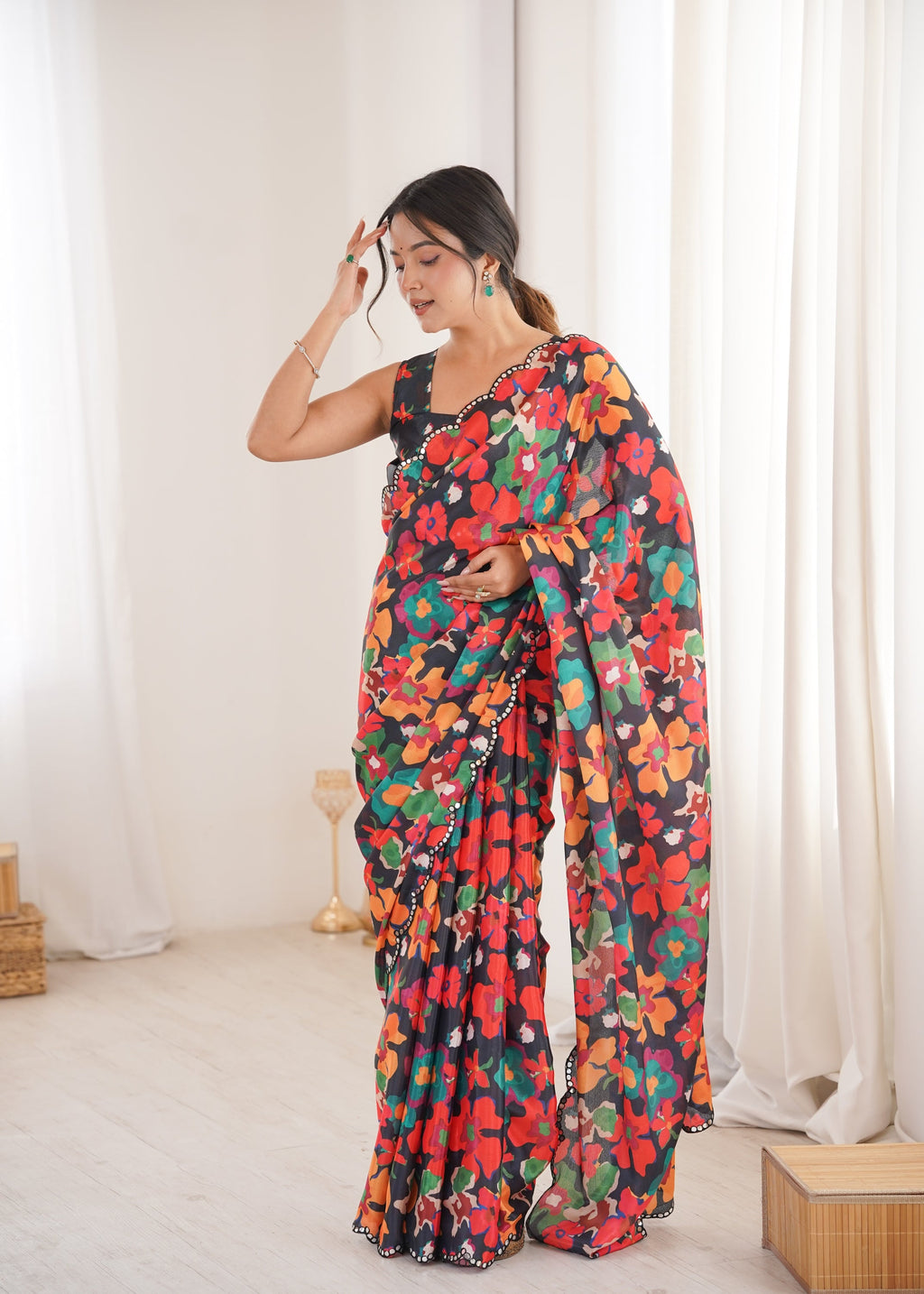 Jyoti Fashion Women's Multicolor Chinon Digital Printed Designer Saree with Blouse