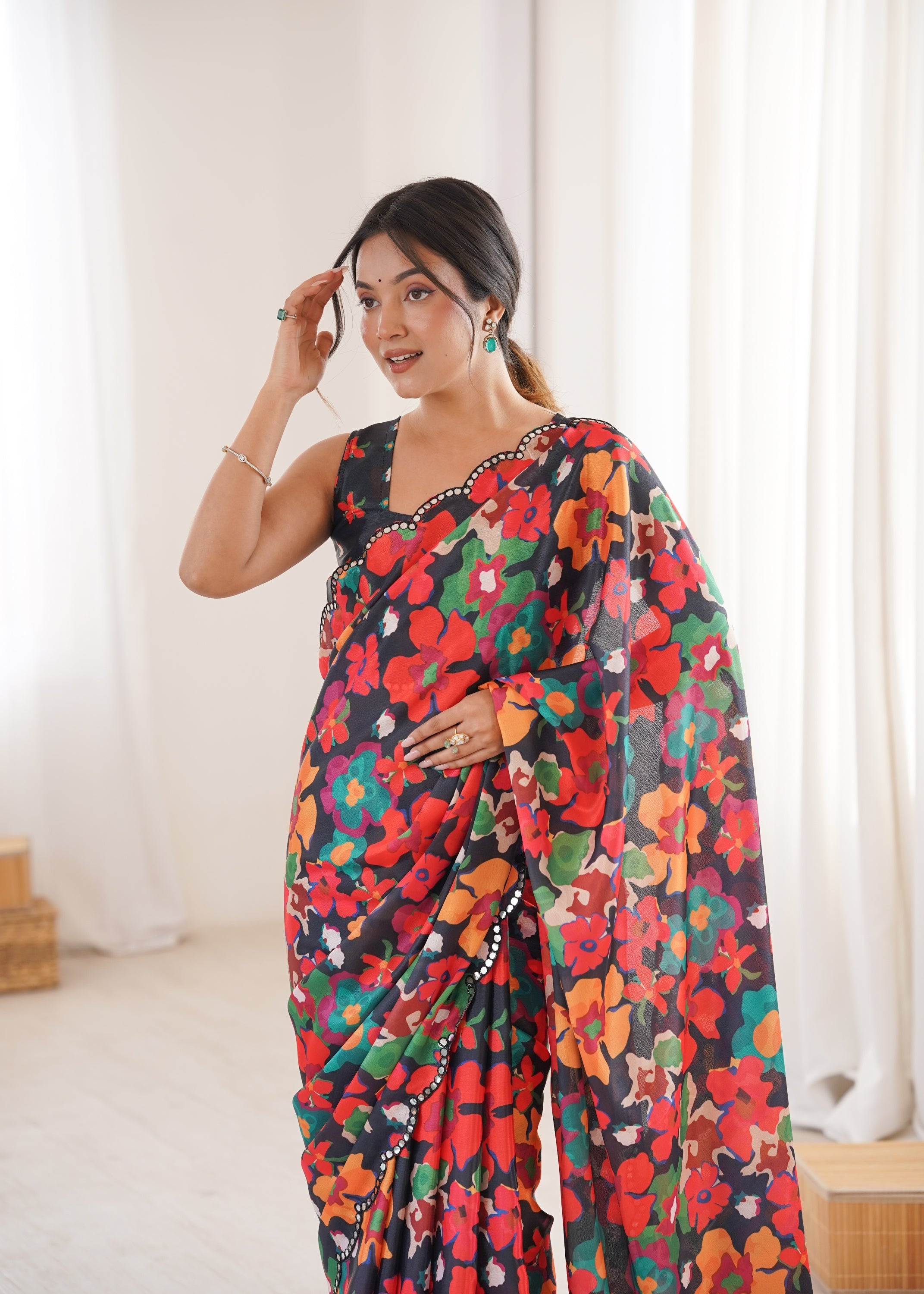 Jyoti Fashion Women's Multicolor Chinon Digital Printed Designer Saree with Blouse