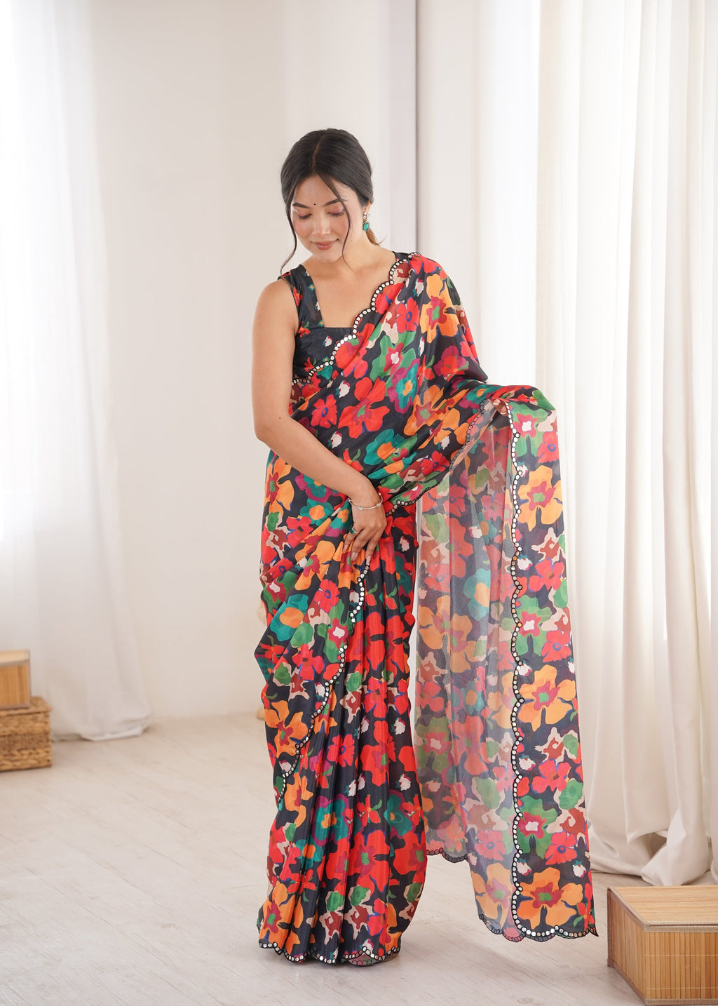 Jyoti Fashion Women's Multicolor Chinon Digital Printed Designer Saree with Blouse
