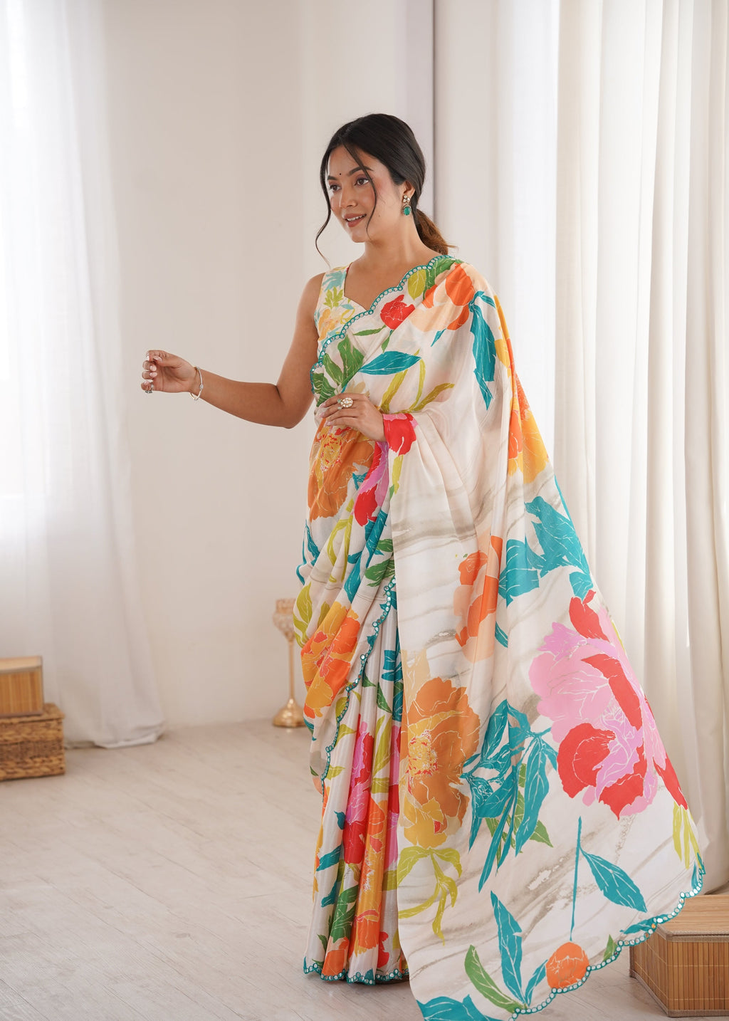 Jyoti Fashion Women's Multicolor Chinon Digital Printed Designer Saree with Blouse