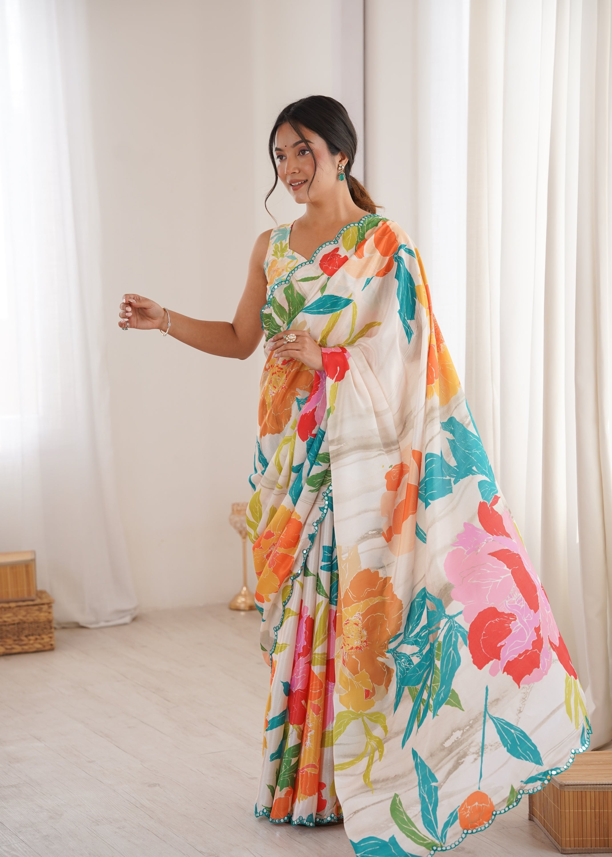 Jyoti Fashion Women's Multicolor Chinon Digital Printed Designer Saree with Blouse