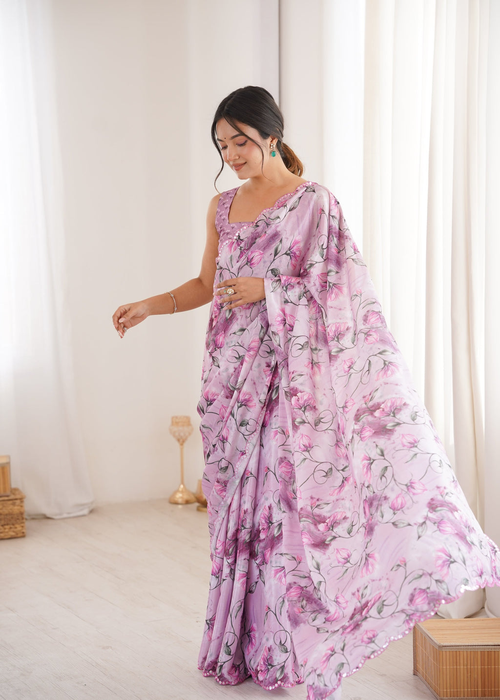 Jyoti Fashion Women's Purple Chinon Digital Printed Designer Saree with Blouse