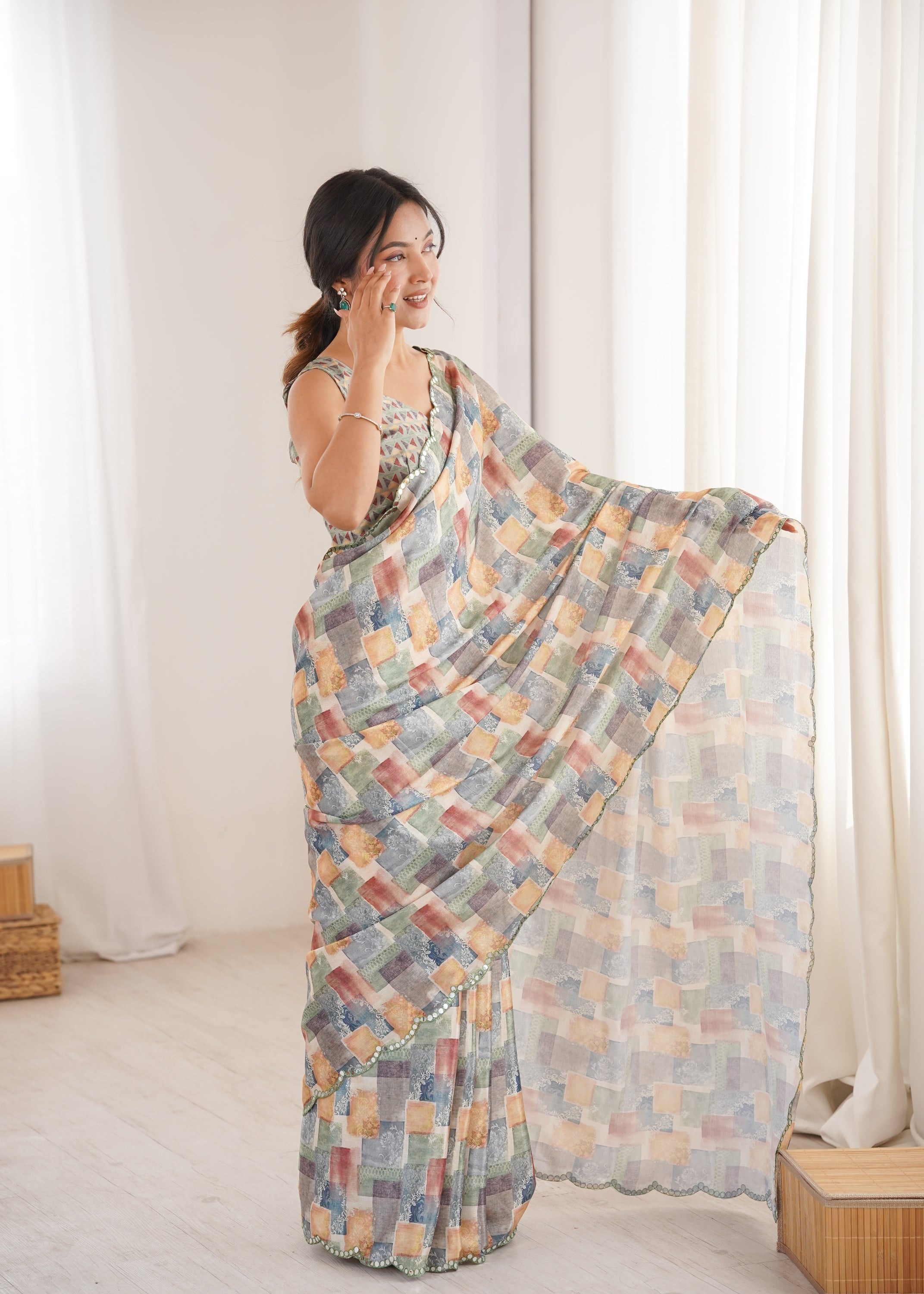 Jyoti Fashion Women's Multicolor Chinon Digital Printed Designer Saree with Blouse