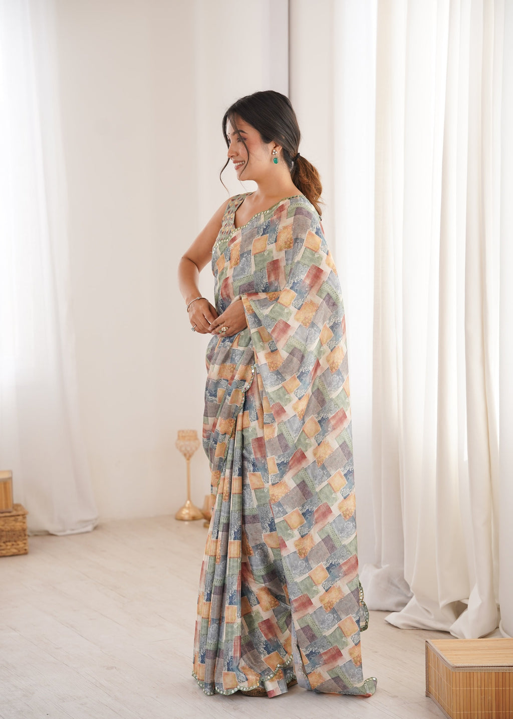 Jyoti Fashion Women's Multicolor Chinon Digital Printed Designer Saree with Blouse