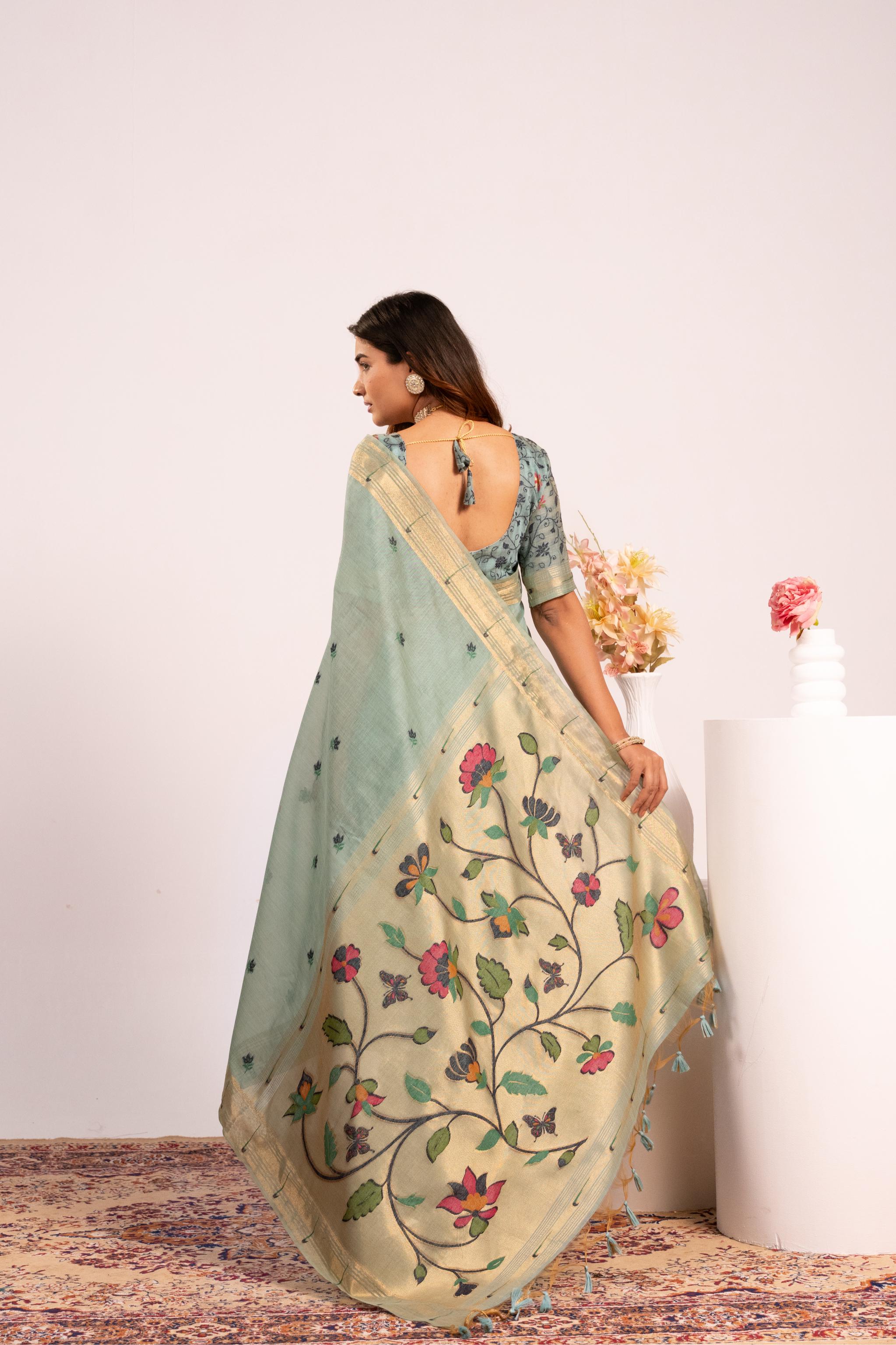 Jyoti Fashion Women's Firozi Muga Cotton Zari Woven Saree with Blouse