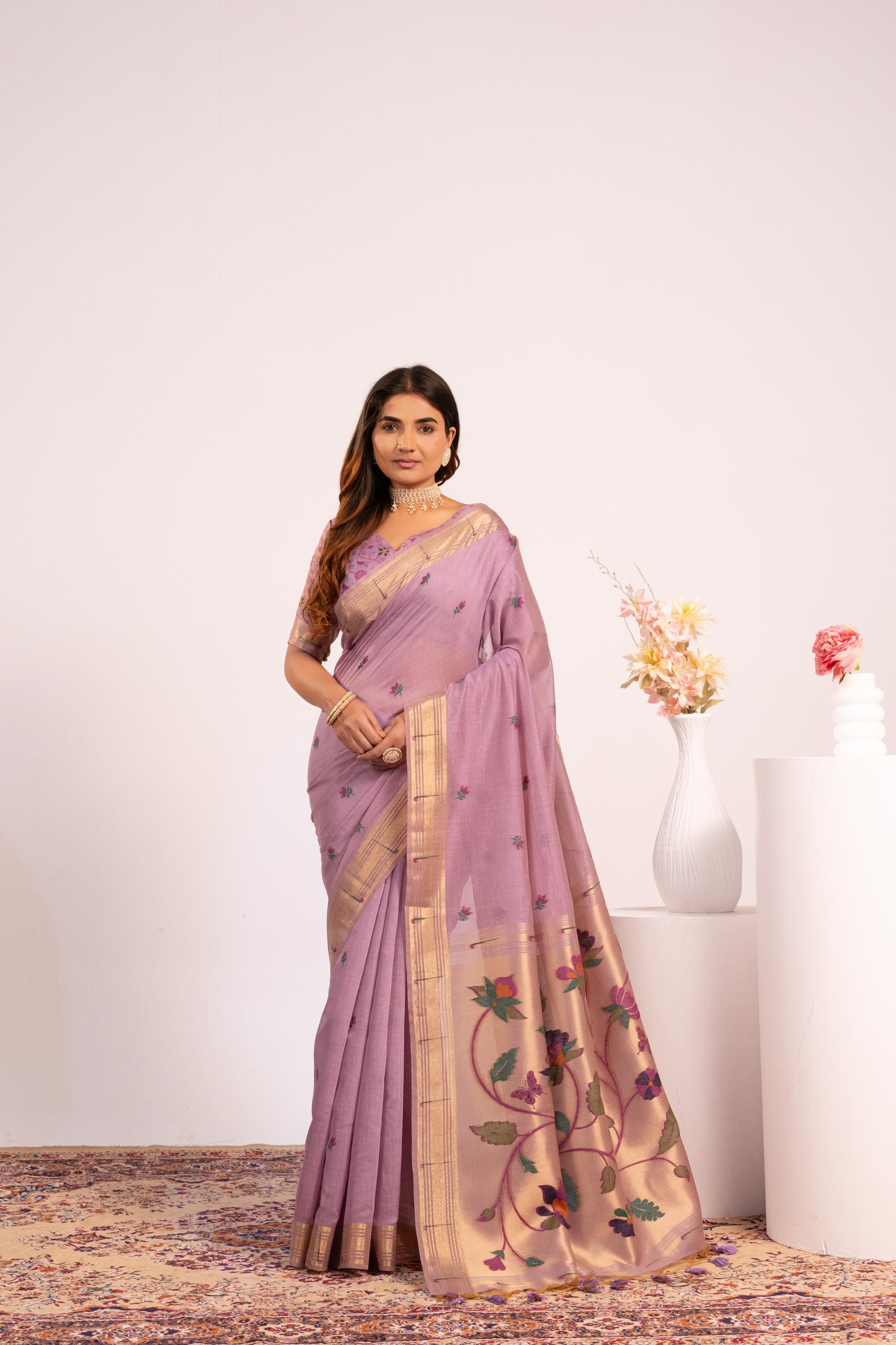 Jyoti Fashion Women's Purple Muga Cotton Zari Woven Saree with Blouse