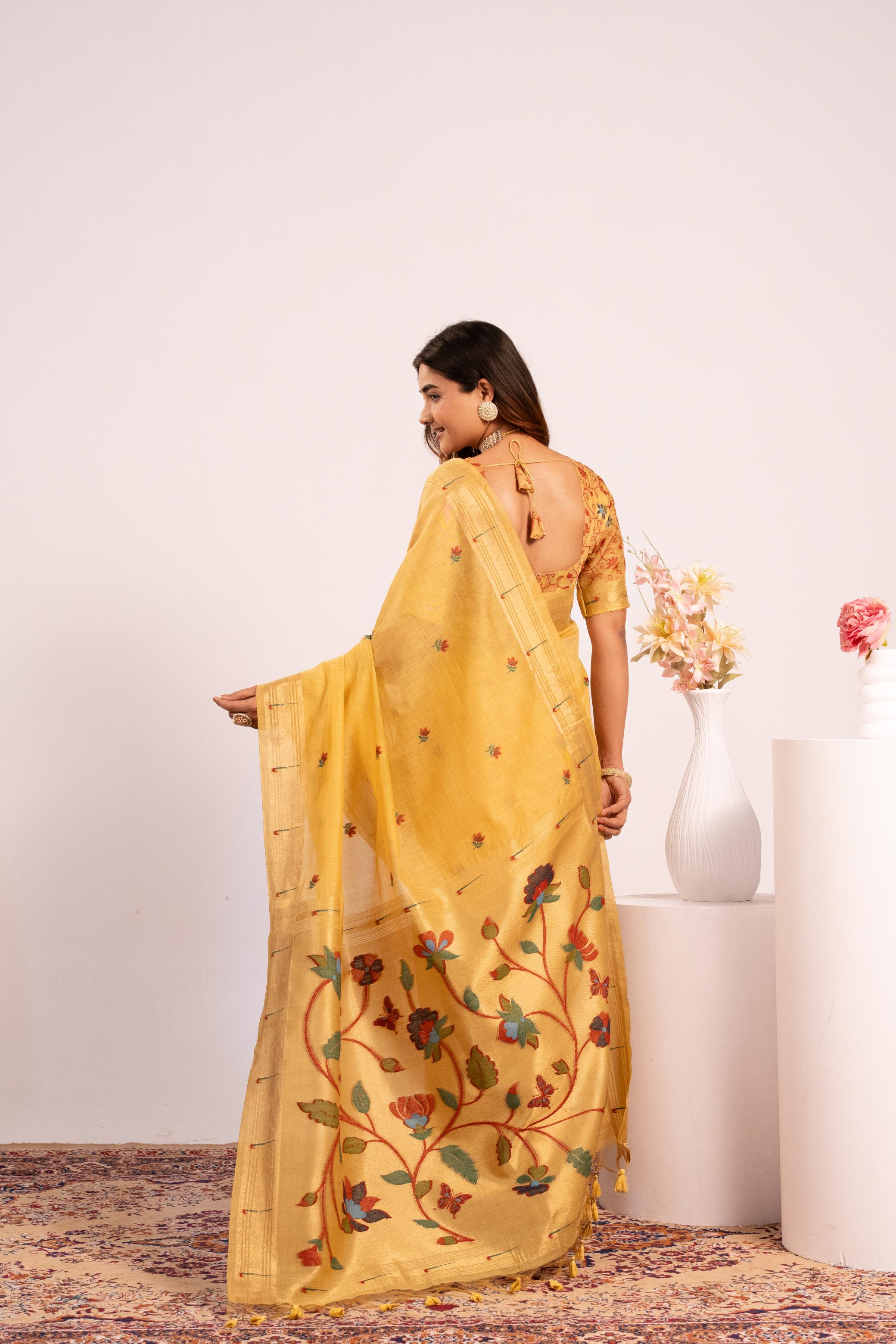 Jyoti Fashion Women's Yellow Muga Cotton Zari Woven Saree with Blouse