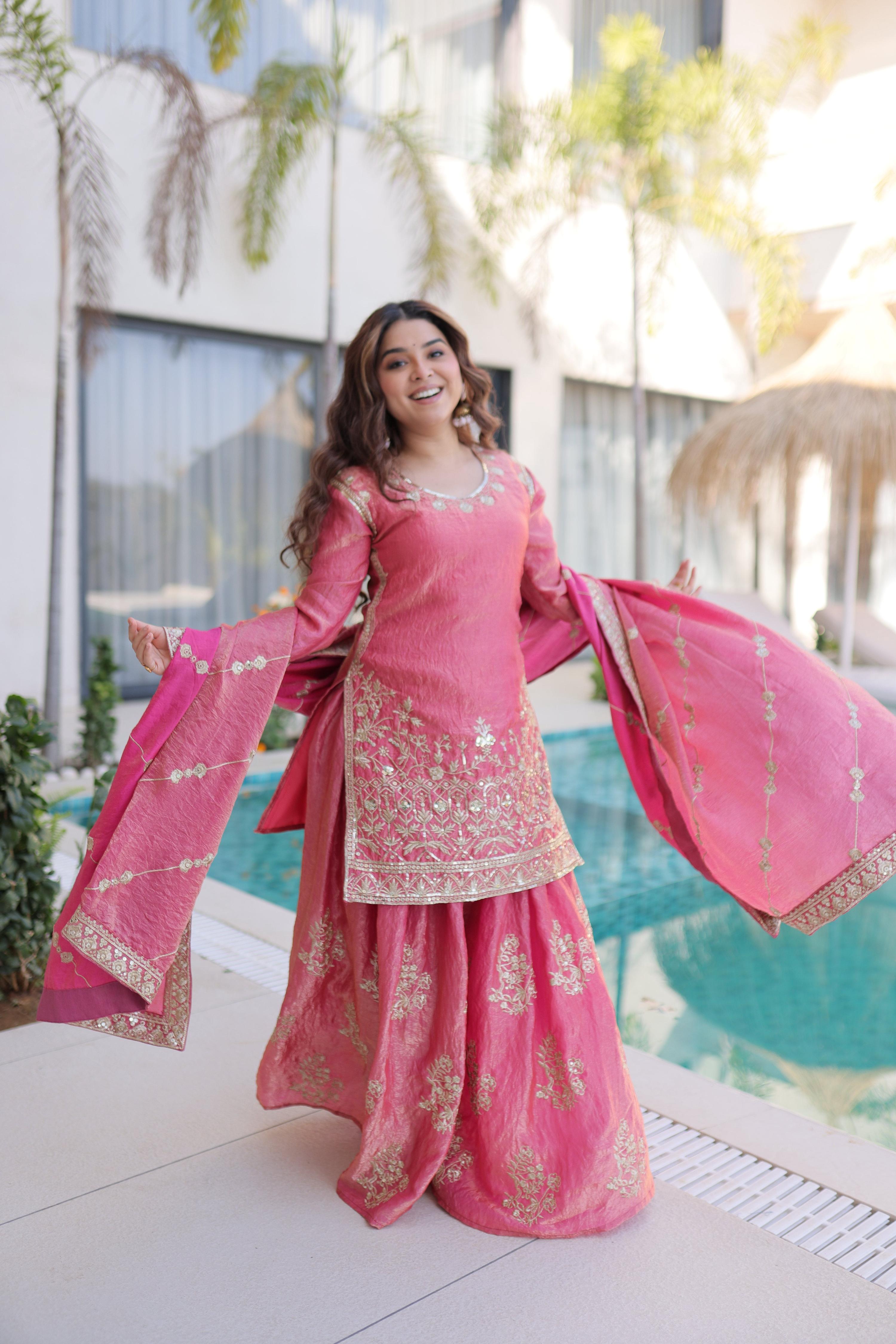 Jyoti Fashion Pink Fendy Crush Embroidered Designer Sharara & Sets