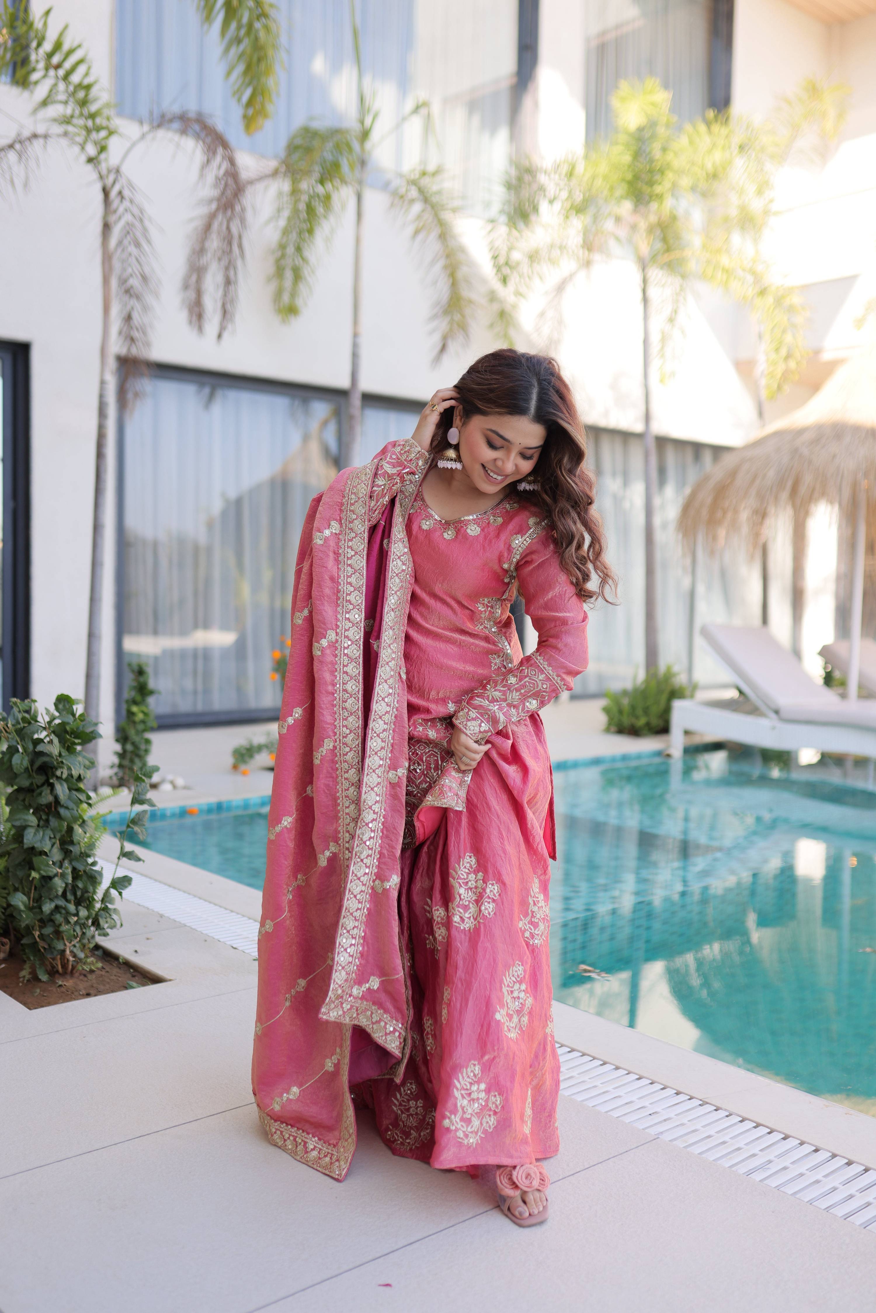 Jyoti Fashion Pink Fendy Crush Embroidered Designer Sharara & Sets