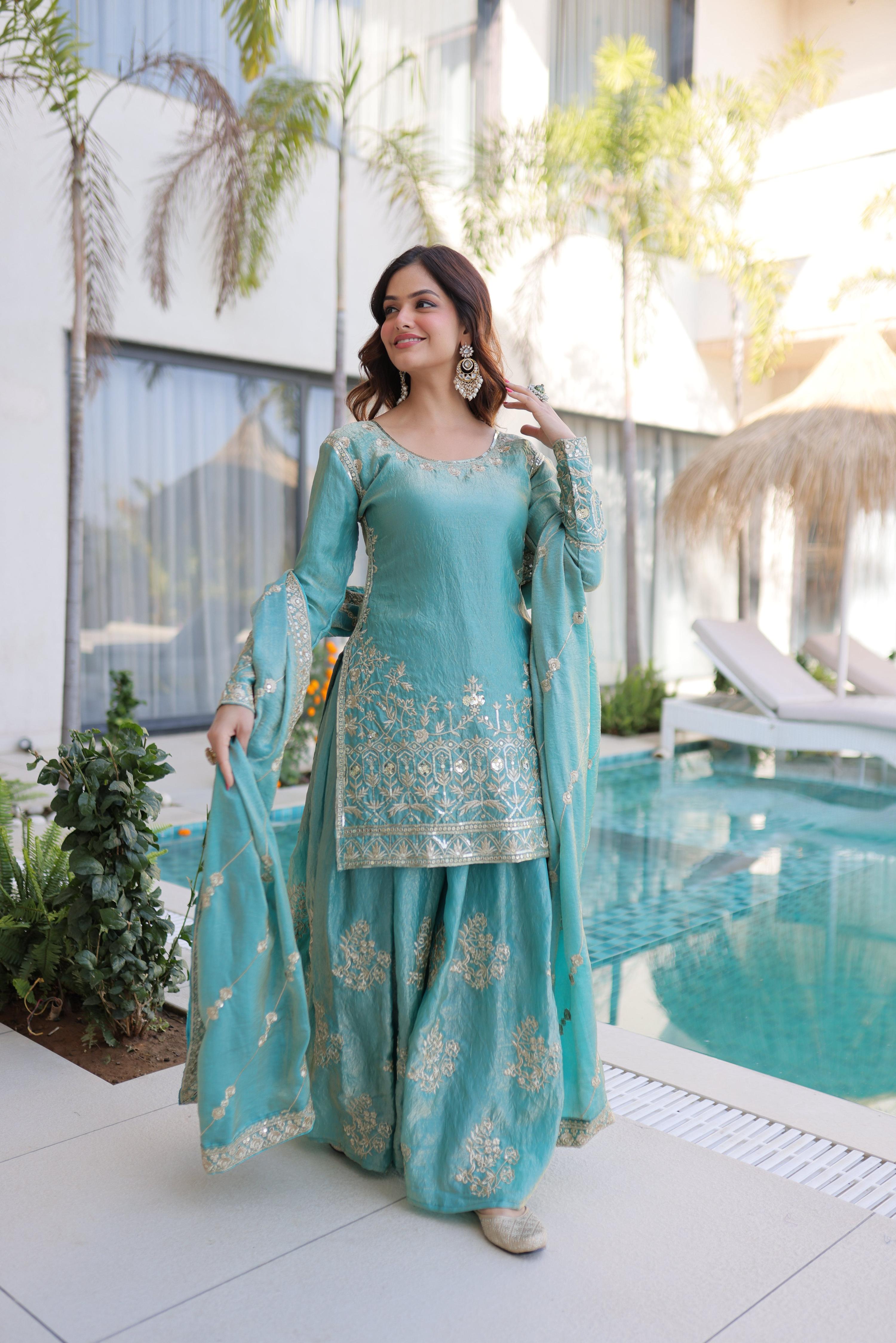 Jyoti Fashion Sky Blue Fendy Crush Embroidered Designer Sharara & Sets
