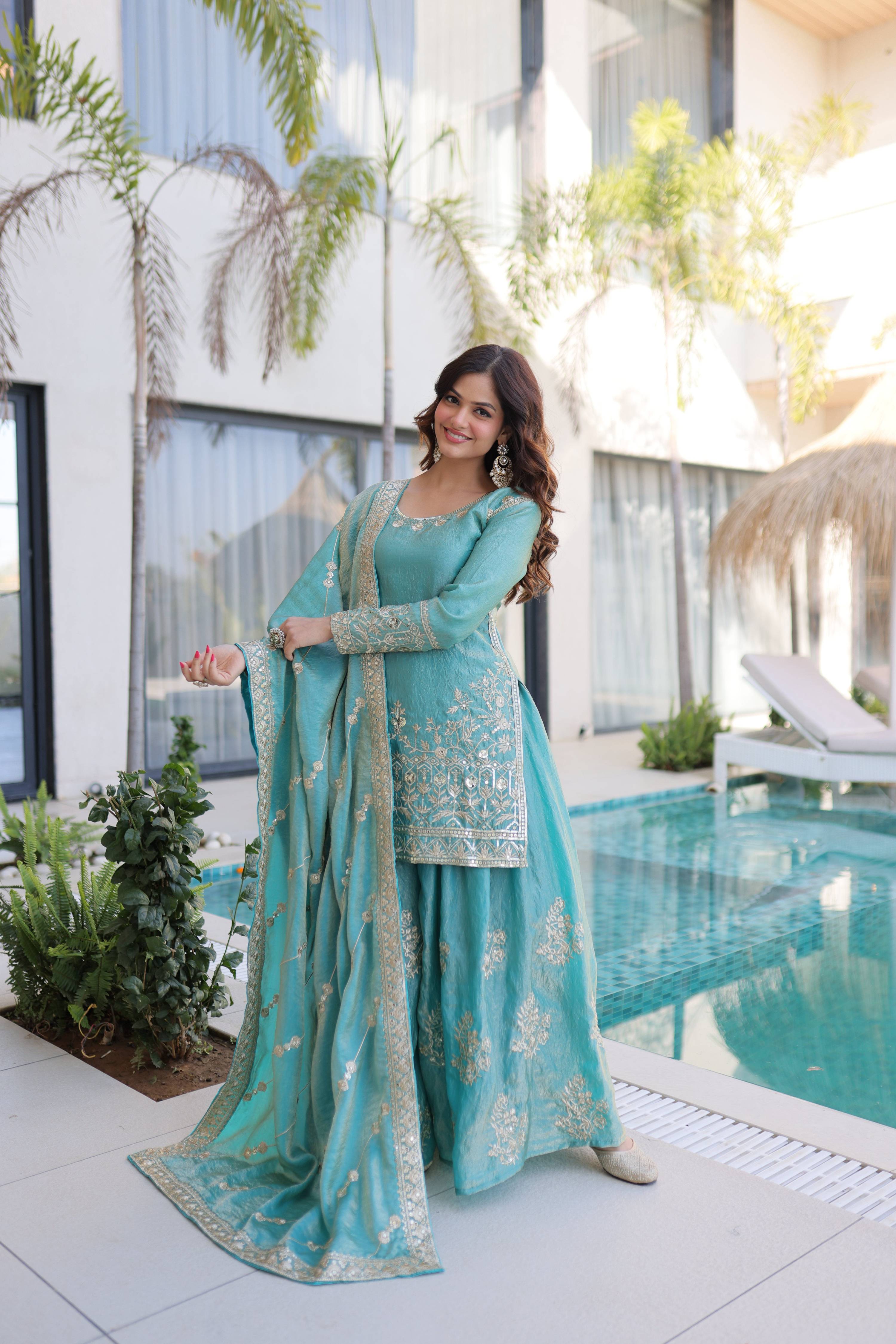 Jyoti Fashion Sky Blue Fendy Crush Embroidered Designer Sharara & Sets