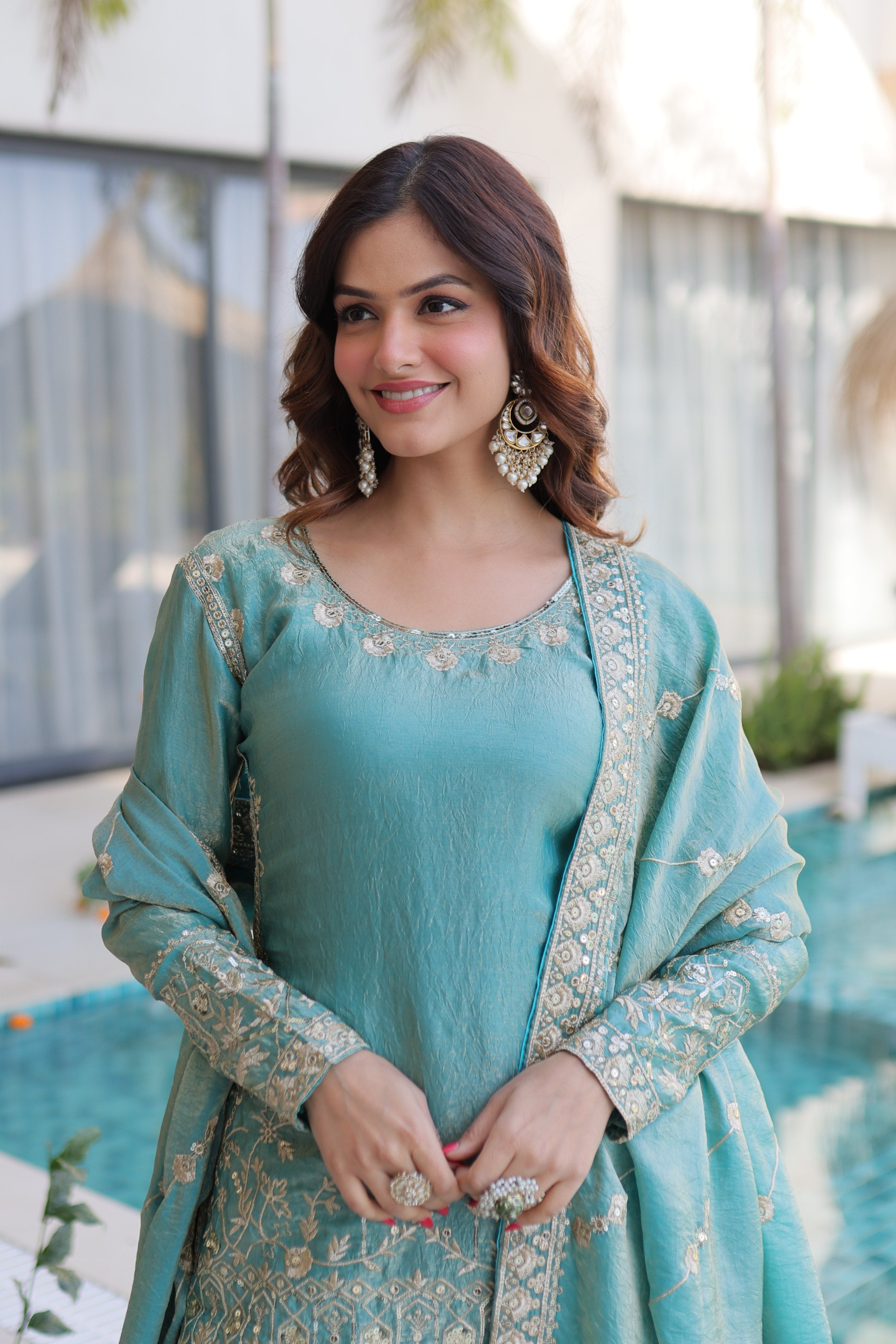 Jyoti Fashion Sky Blue Fendy Crush Embroidered Designer Sharara & Sets