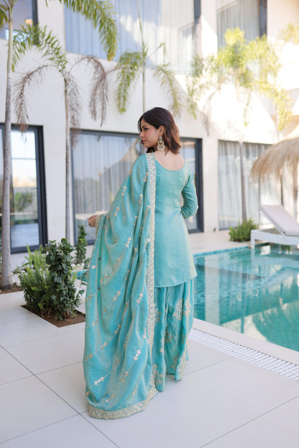 Jyoti Fashion Sky Blue Fendy Crush Embroidered Designer Sharara & Sets