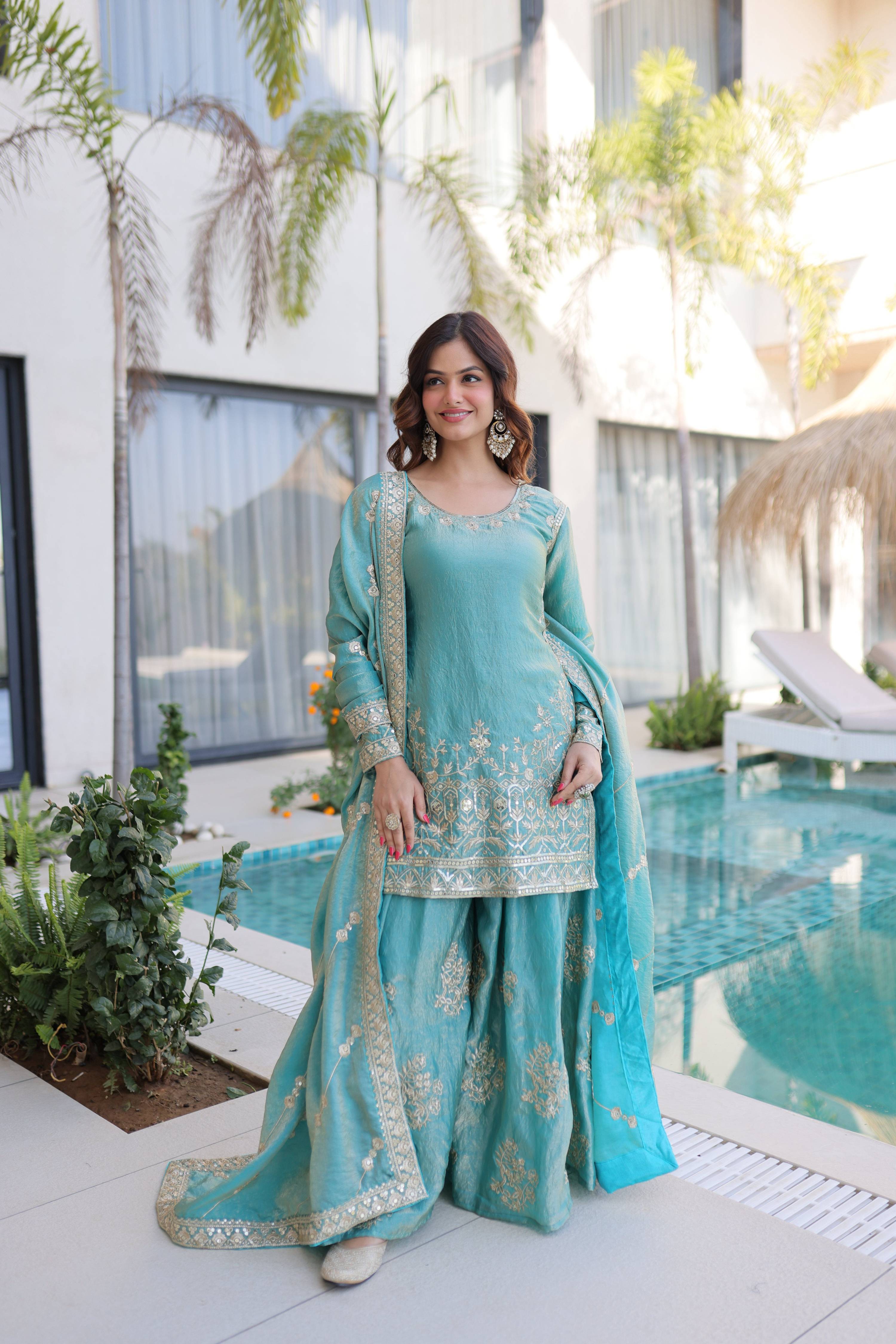 Jyoti Fashion Sky Blue Fendy Crush Embroidered Designer Sharara & Sets