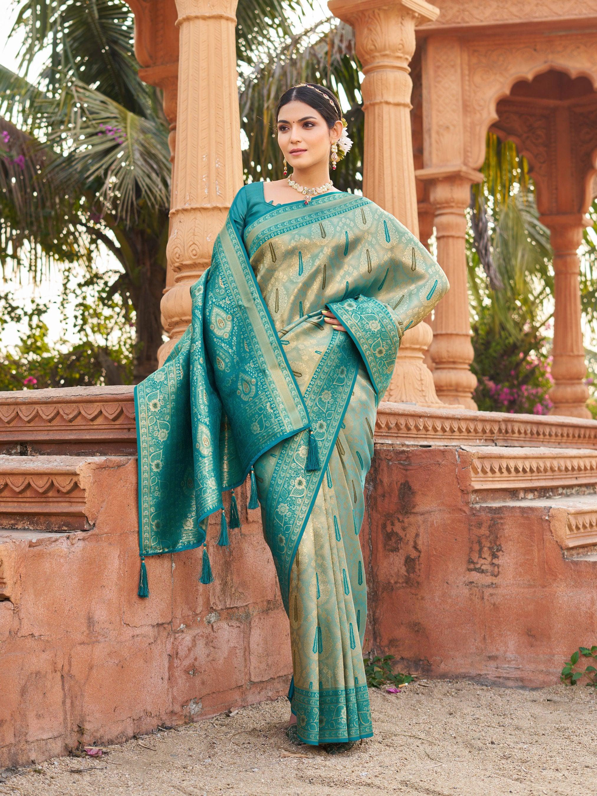 Jyoti Fashion Women's Teal Soft Banarasi Silk Zari Woven Saree with Blouse