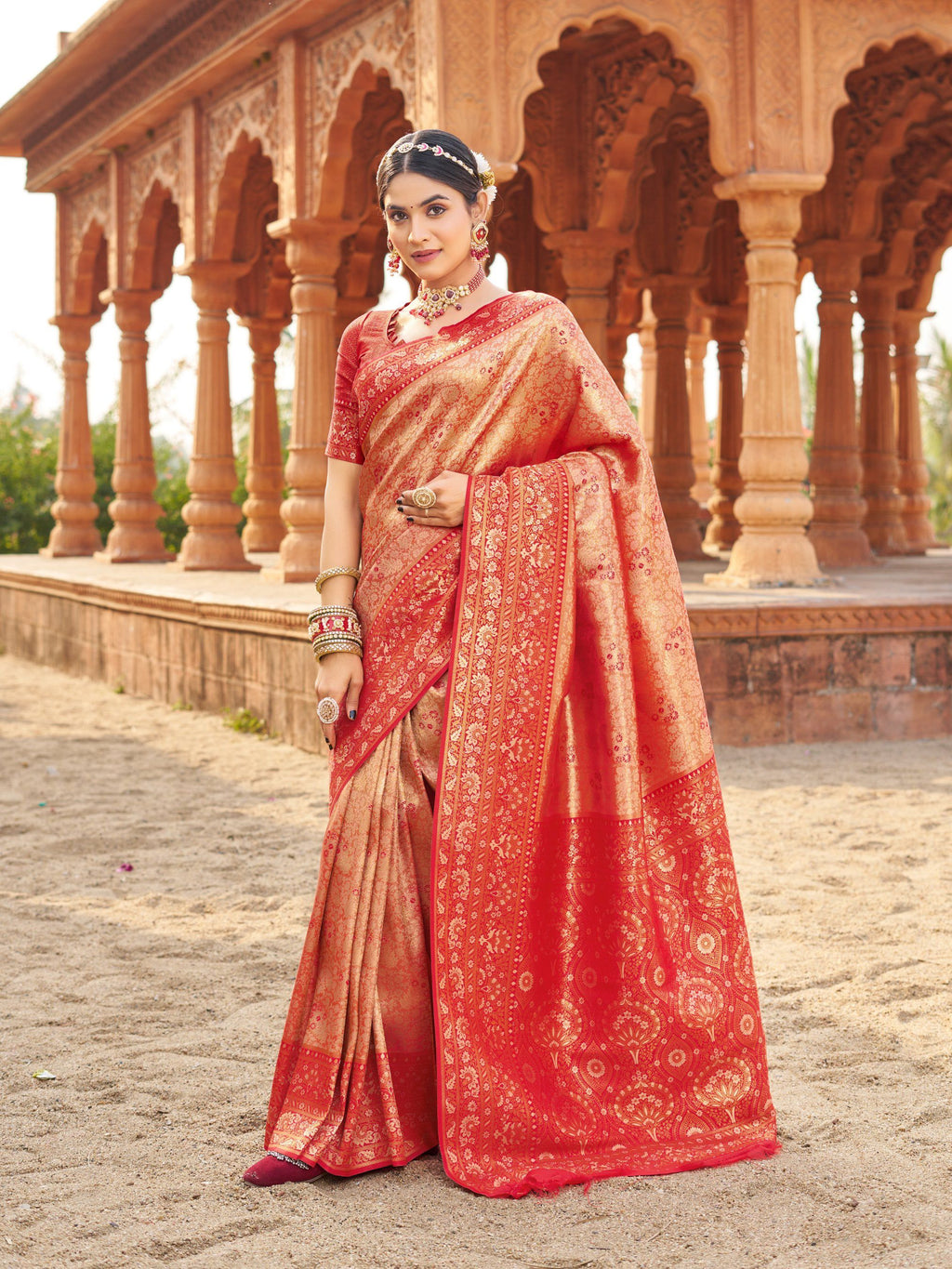 Jyoti Fashion Women's Peach Soft Banarasi Silk Zari Woven Saree with Blouse
