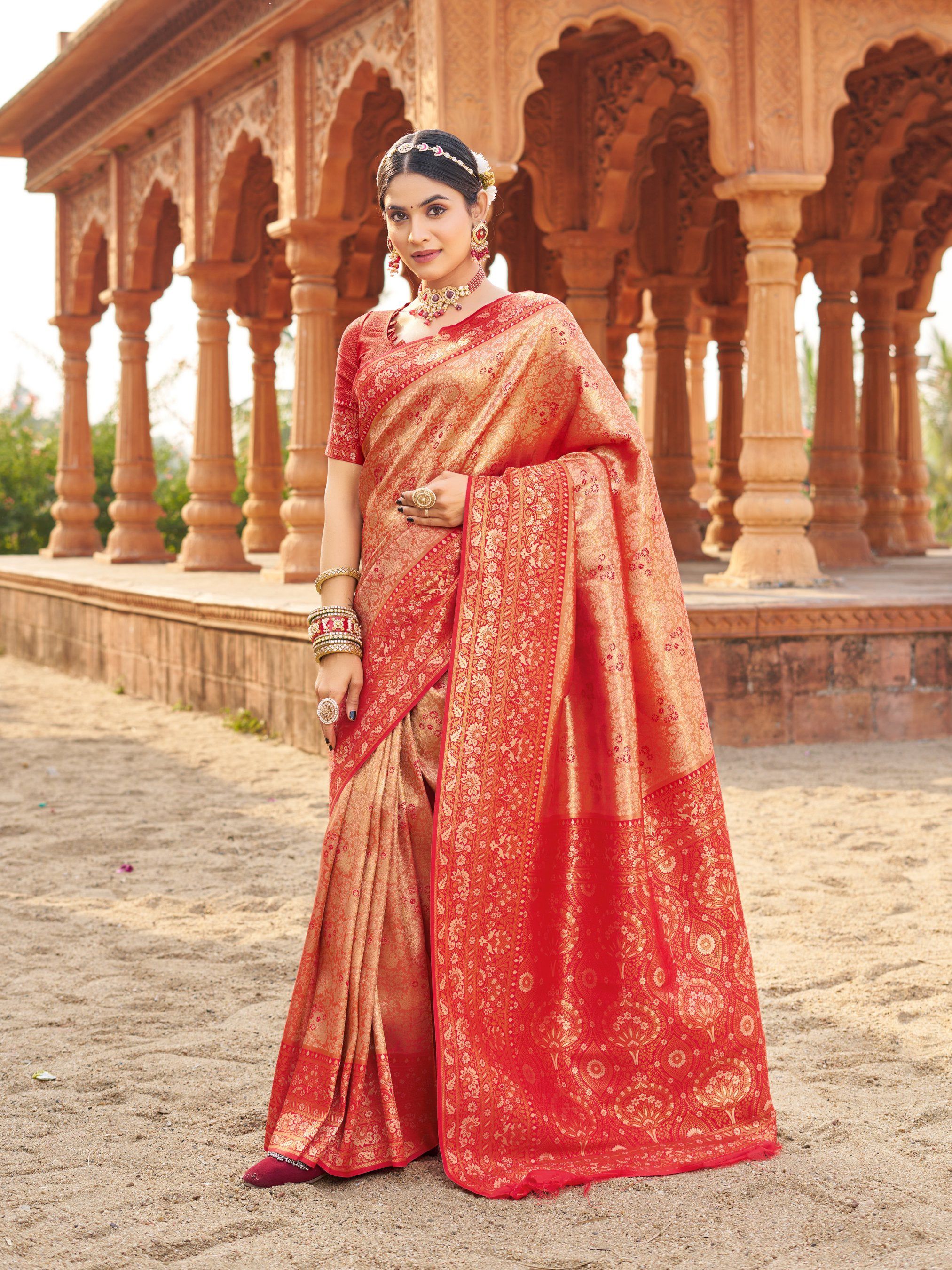 Jyoti Fashion Women's Peach Soft Banarasi Silk Zari Woven Saree with Blouse
