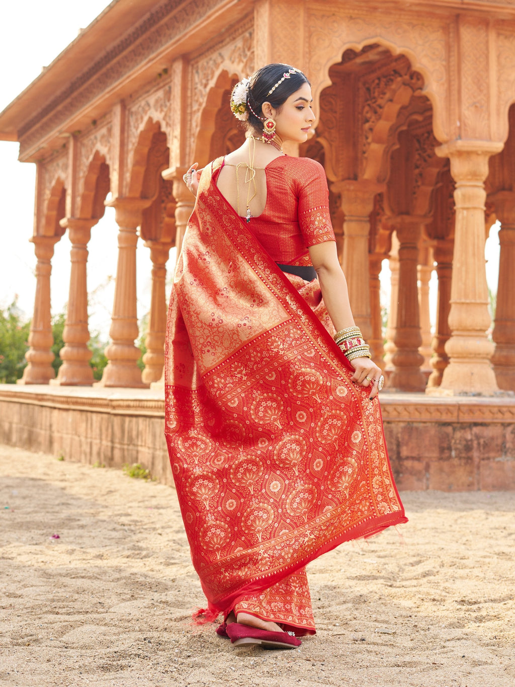 Jyoti Fashion Women's Peach Soft Banarasi Silk Zari Woven Saree with Blouse