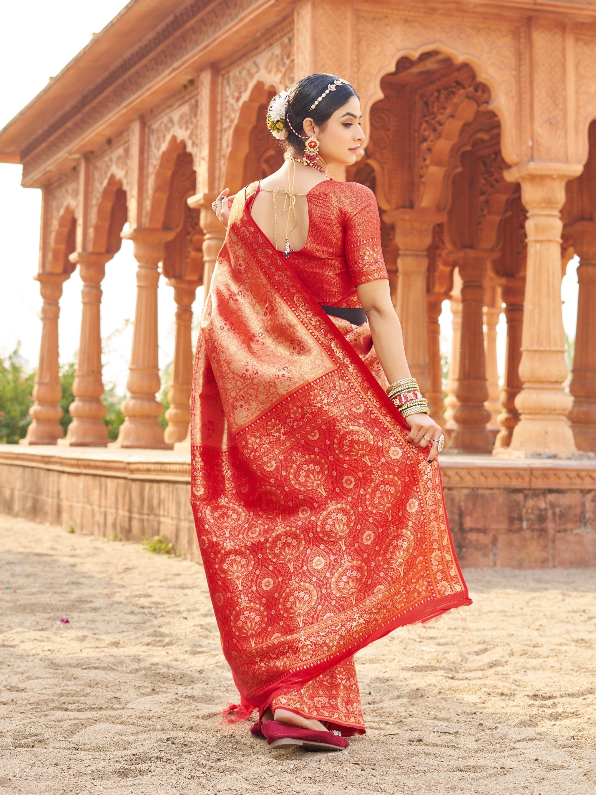 Jyoti Fashion Women's Peach Soft Banarasi Silk Zari Woven Saree with Blouse