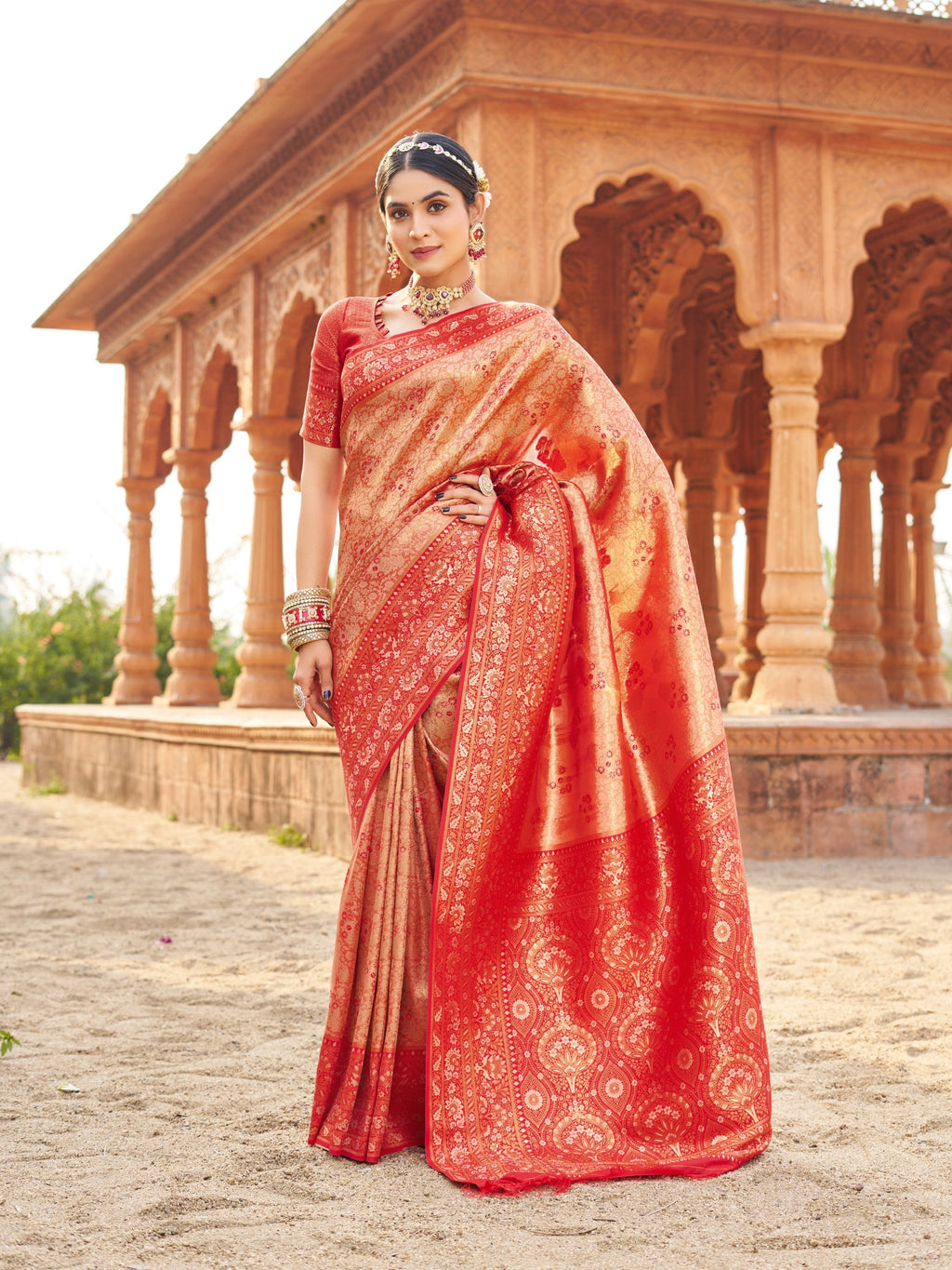 Jyoti Fashion Women's Peach Soft Banarasi Silk Zari Woven Saree with Blouse