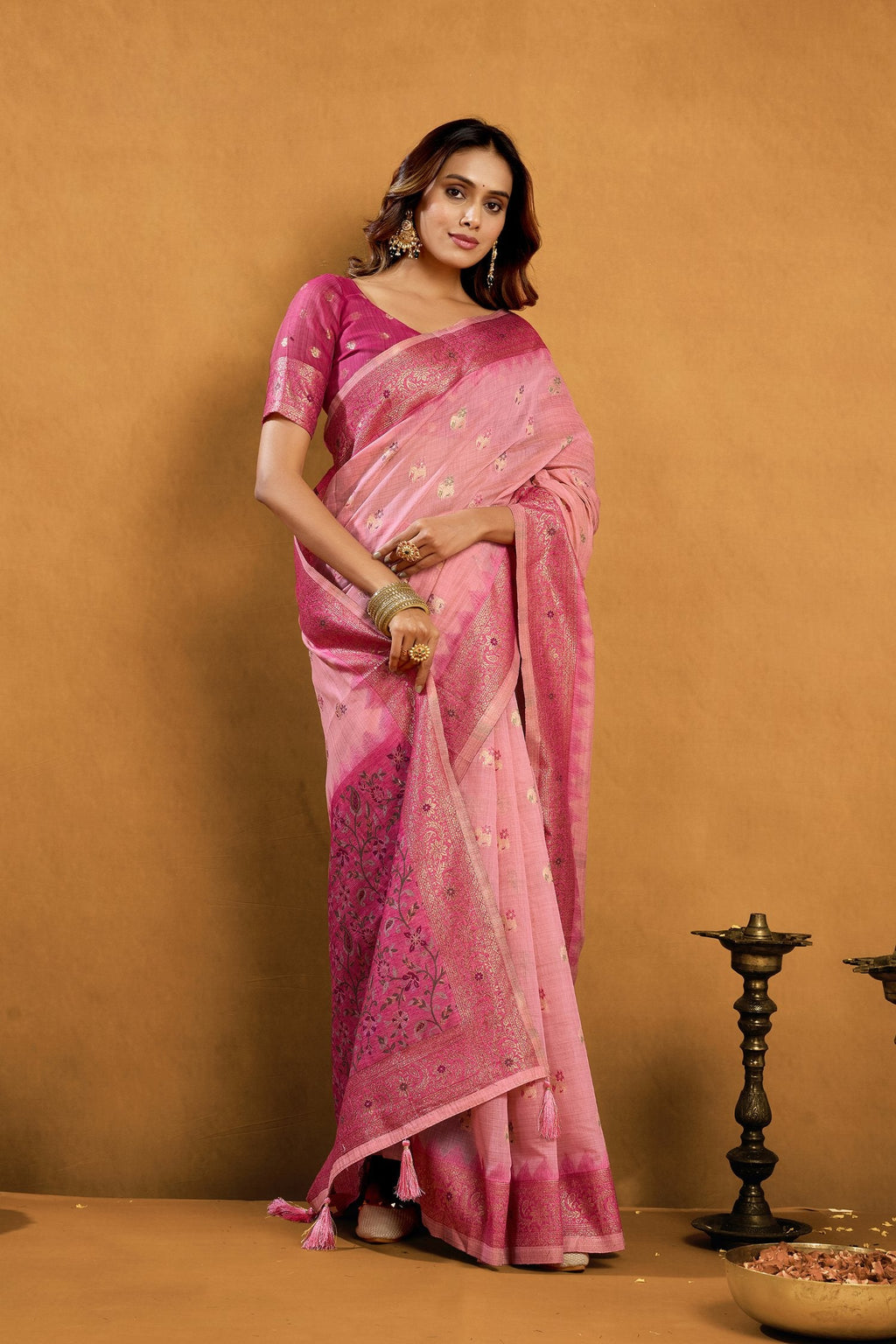 Jyoti Fashion Women's Pink Premium Spun Cotton Zari Woven Saree with Blouse