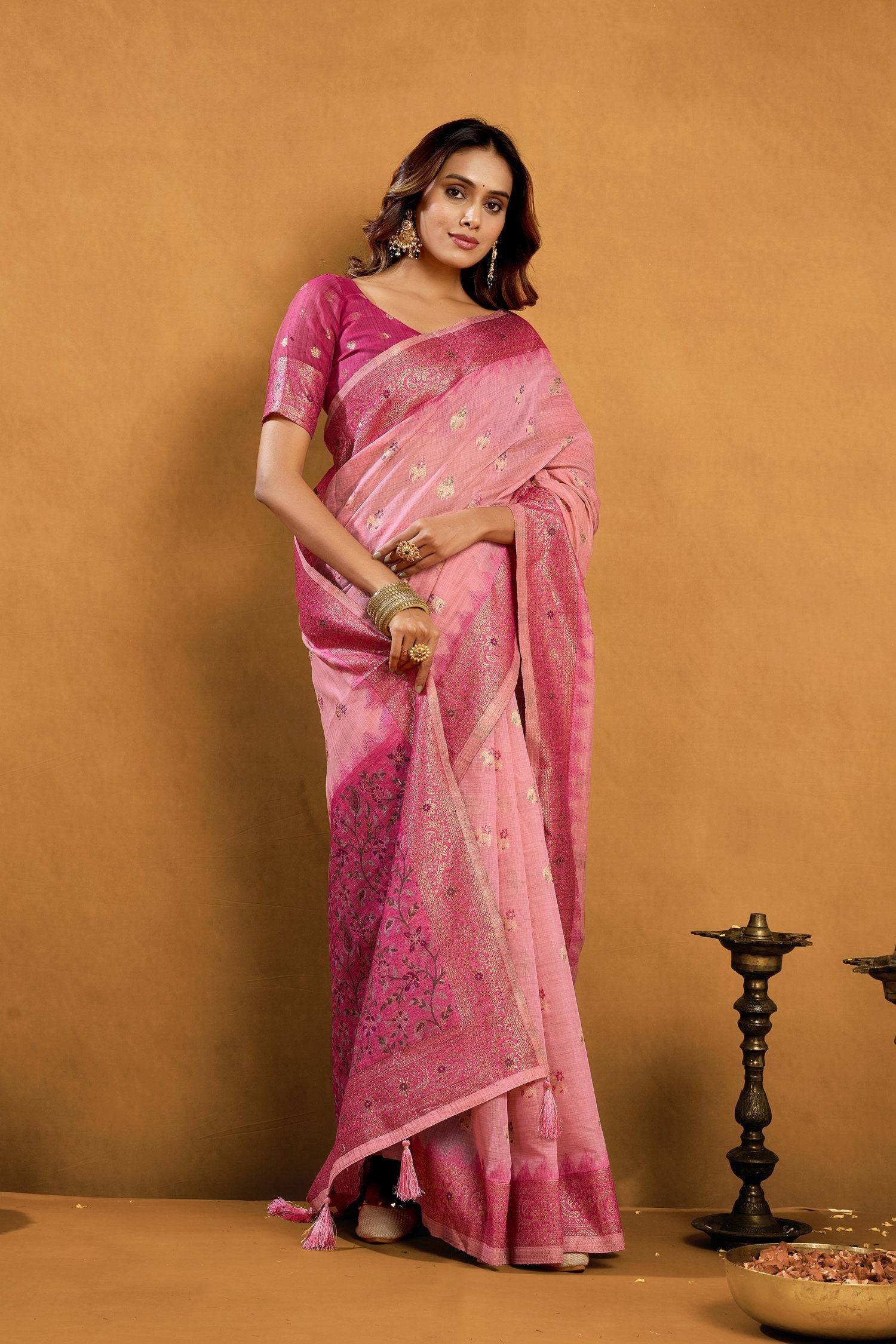 Jyoti Fashion Women's Pink Premium Spun Cotton Zari Woven Saree with Blouse