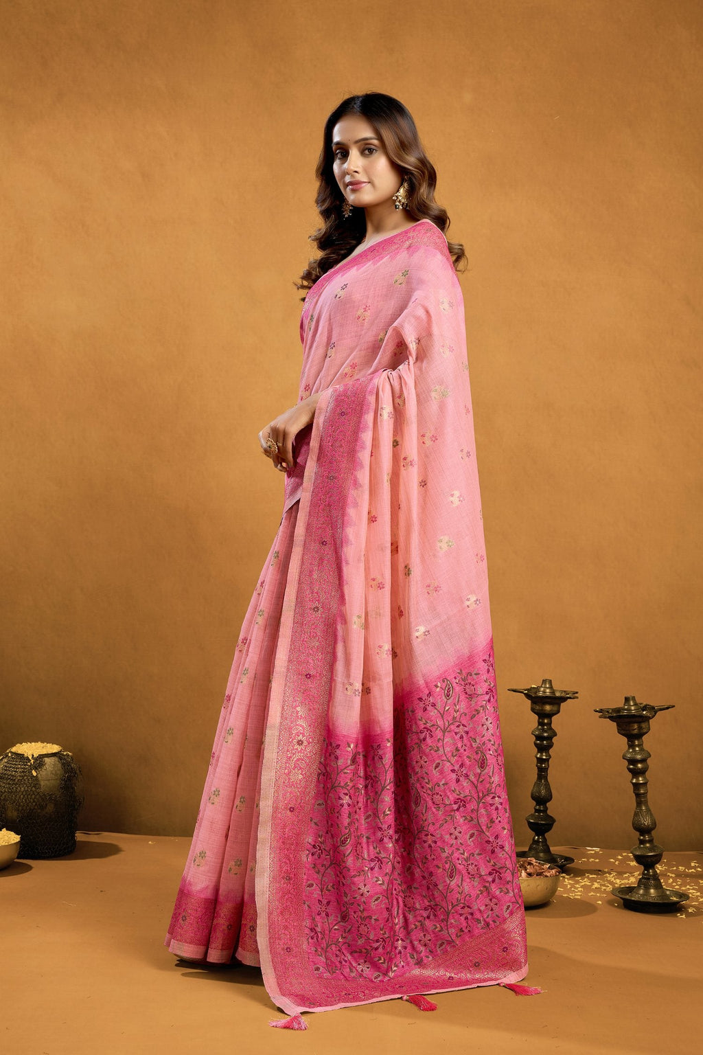 Jyoti Fashion Women's Pink Premium Spun Cotton Zari Woven Saree with Blouse