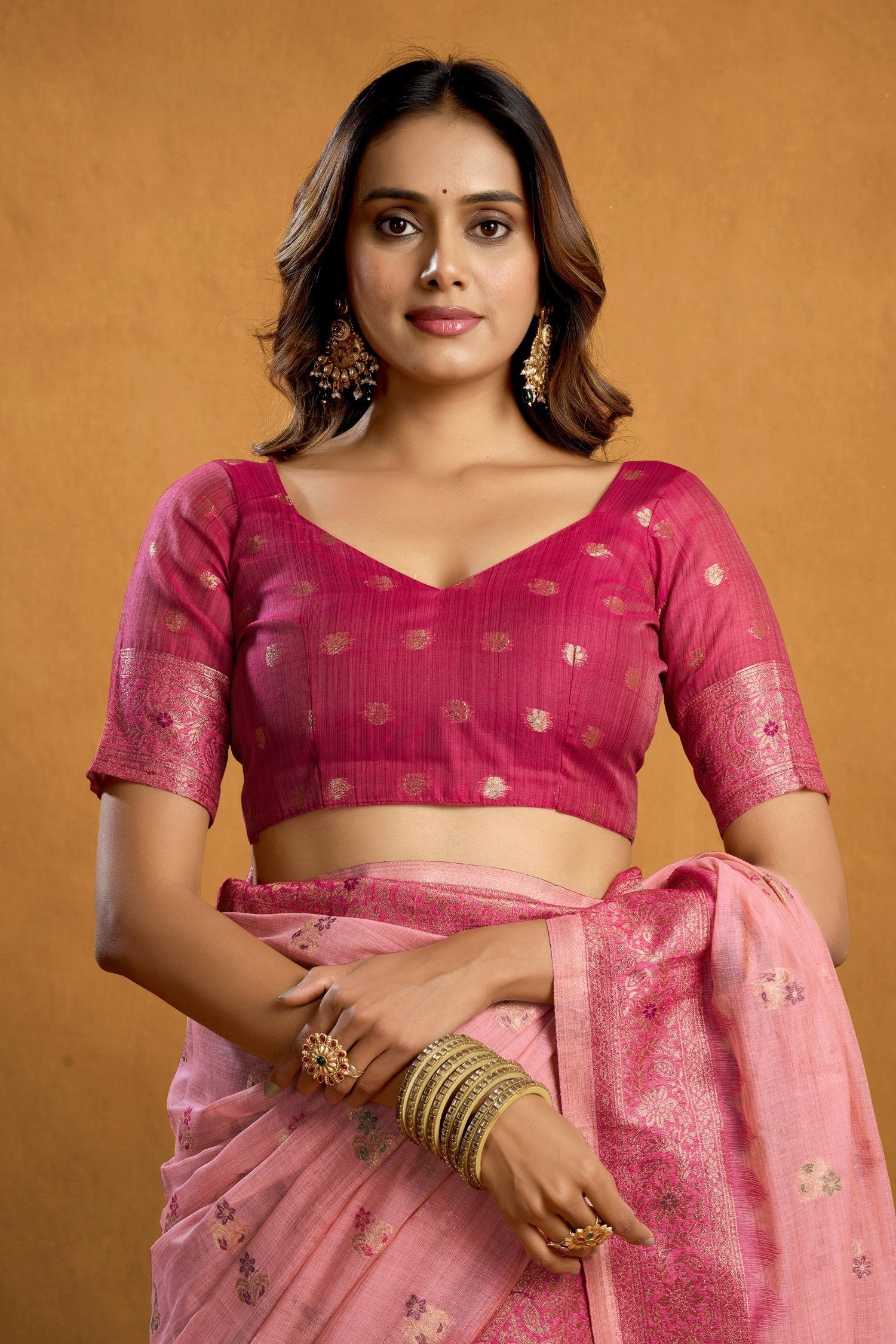 Jyoti Fashion Women's Pink Premium Spun Cotton Zari Woven Saree with Blouse