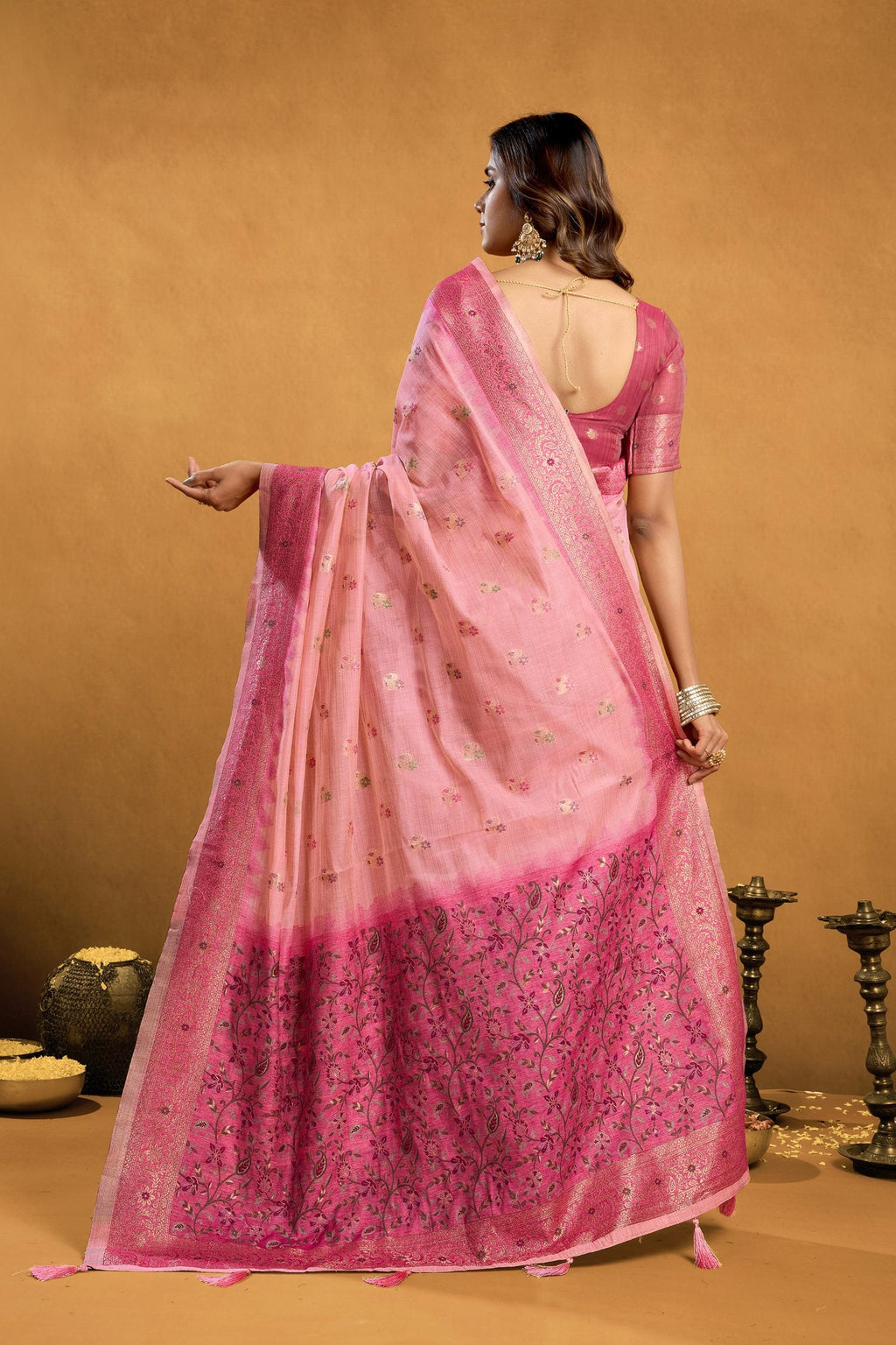 Jyoti Fashion Women's Pink Premium Spun Cotton Zari Woven Saree with Blouse
