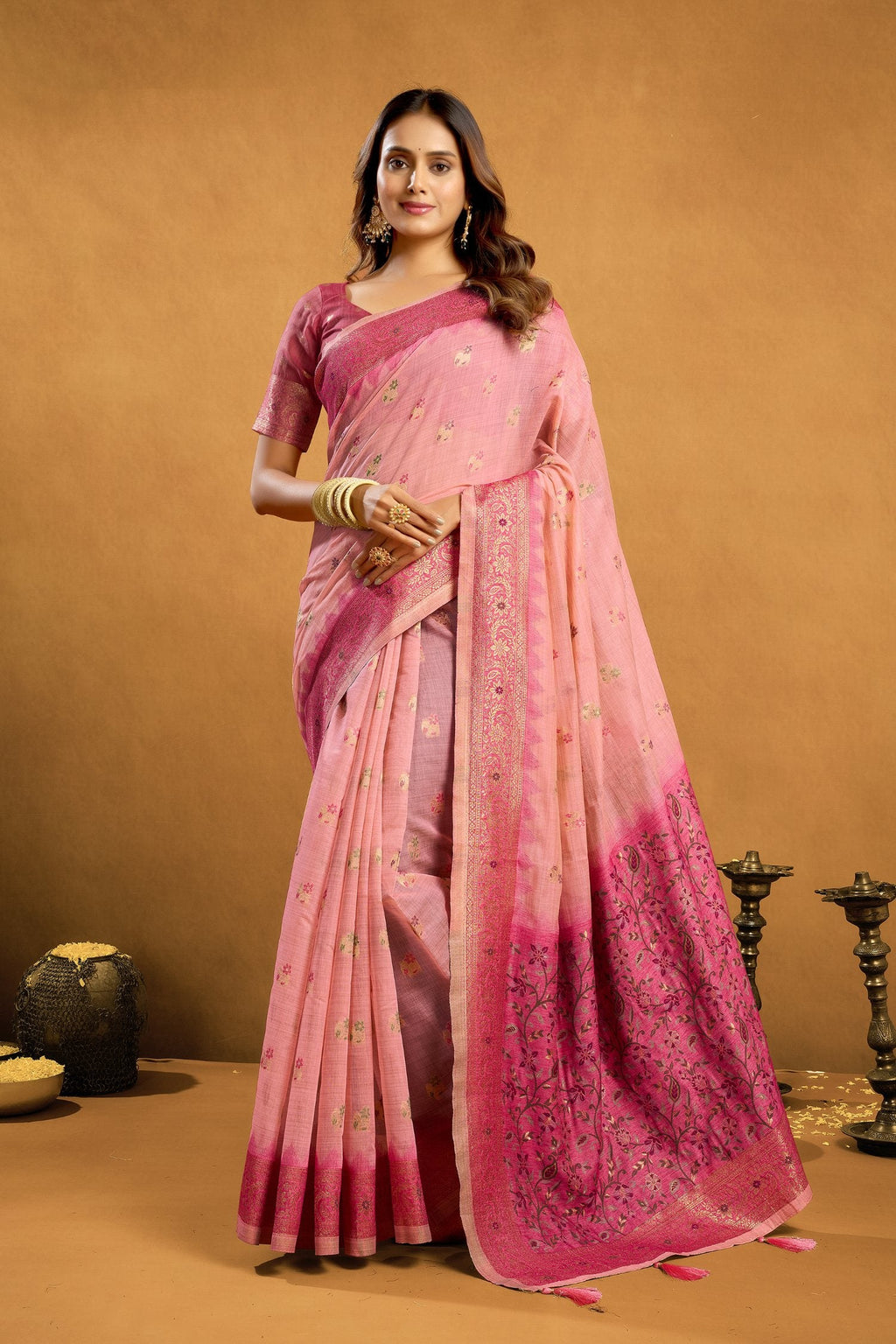 Jyoti Fashion Women's Pink Premium Spun Cotton Zari Woven Saree with Blouse