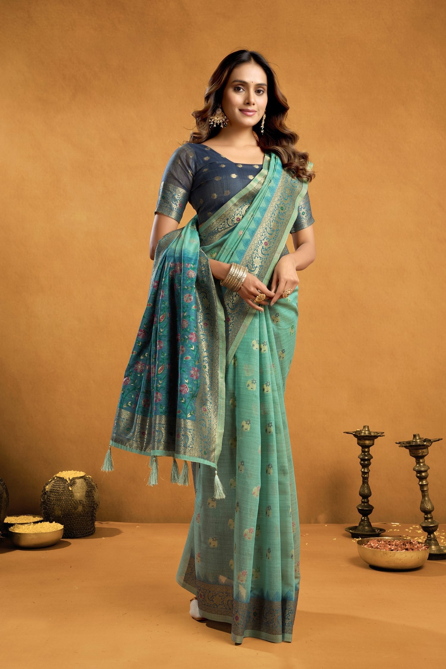 Jyoti Fashion Women's Turquoise Premium Spun Cotton Zari Woven Saree with Blouse