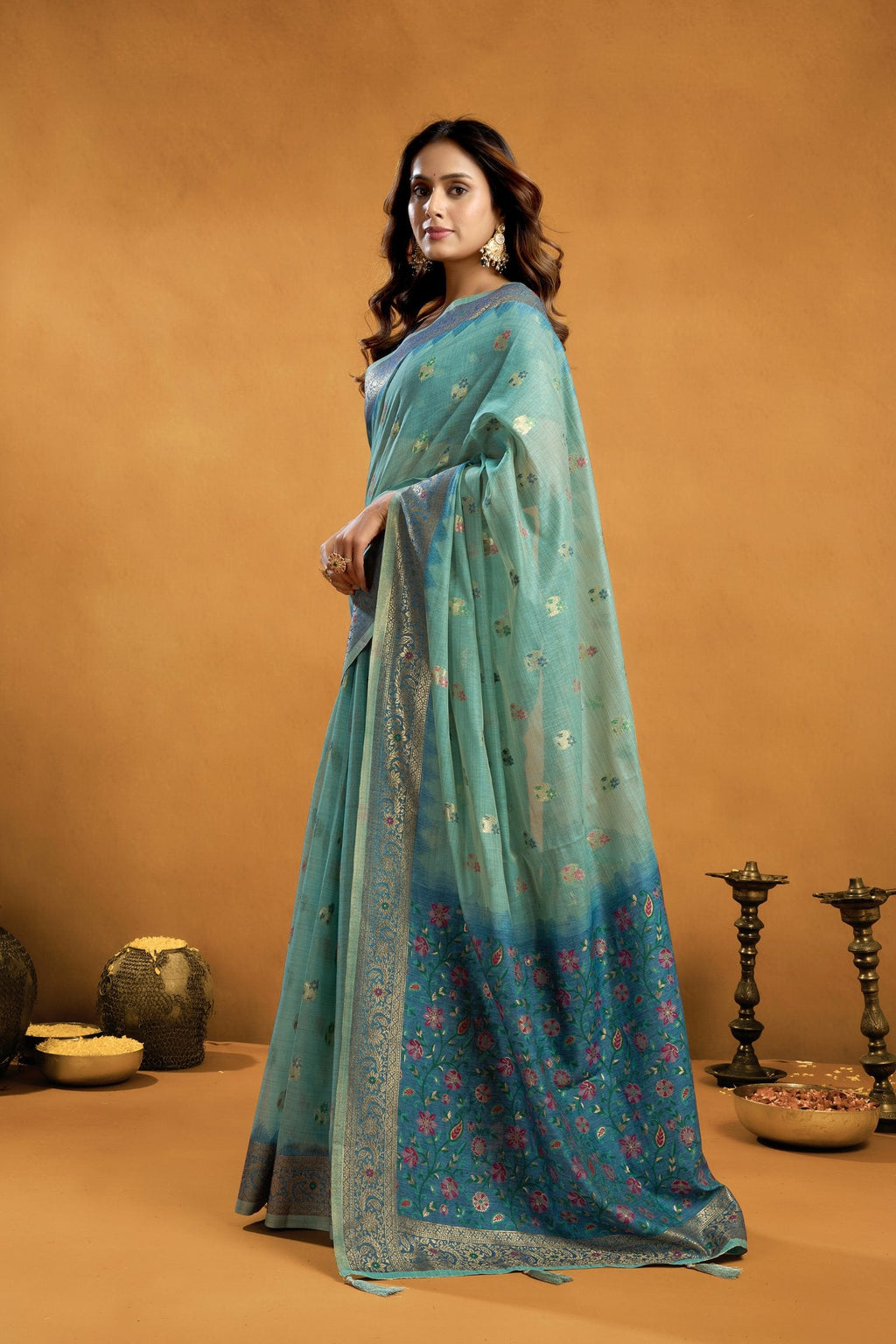 Jyoti Fashion Women's Turquoise Premium Spun Cotton Zari Woven Saree with Blouse