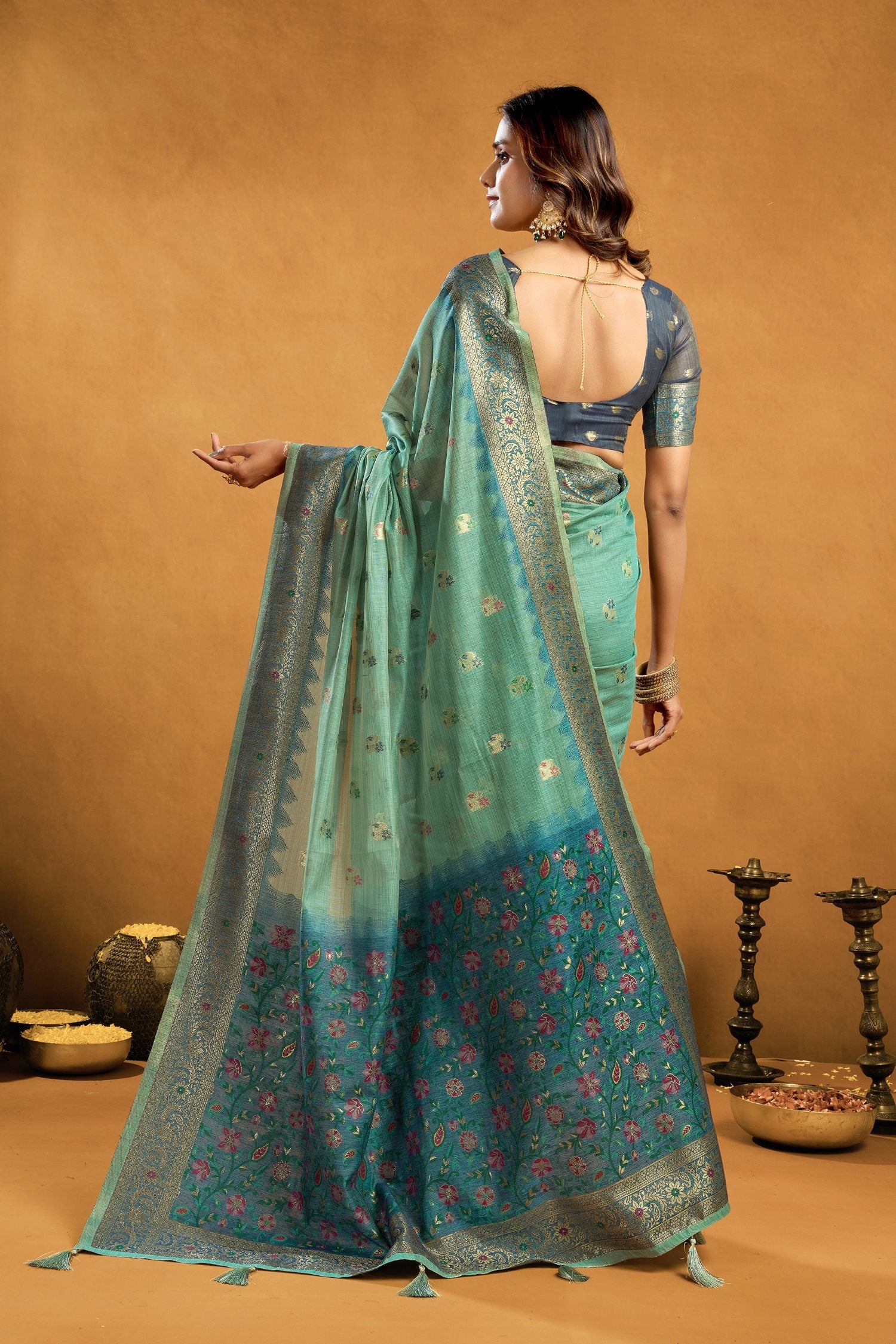 Jyoti Fashion Women's Turquoise Premium Spun Cotton Zari Woven Saree with Blouse