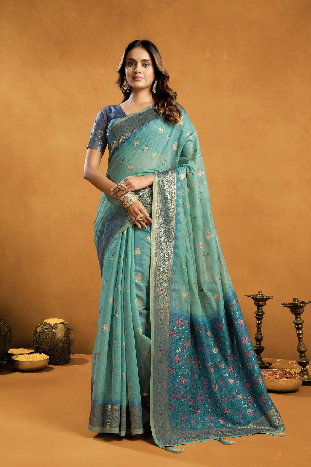 Jyoti Fashion Women's Turquoise Premium Spun Cotton Zari Woven Saree with Blouse