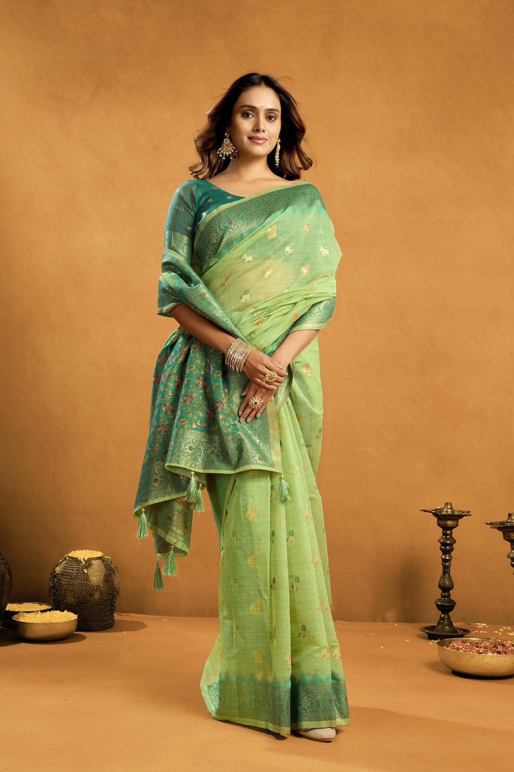 Jyoti Fashion Women's Green Premium Spun Cotton Zari Woven Saree with Blouse