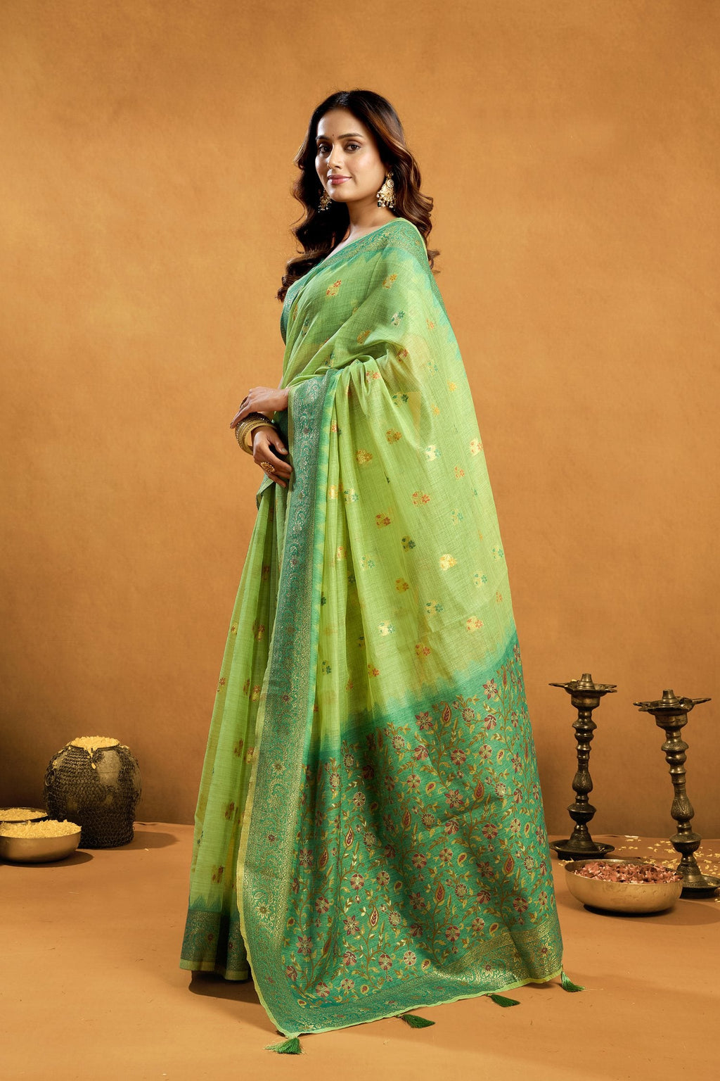 Jyoti Fashion Women's Green Premium Spun Cotton Zari Woven Saree with Blouse