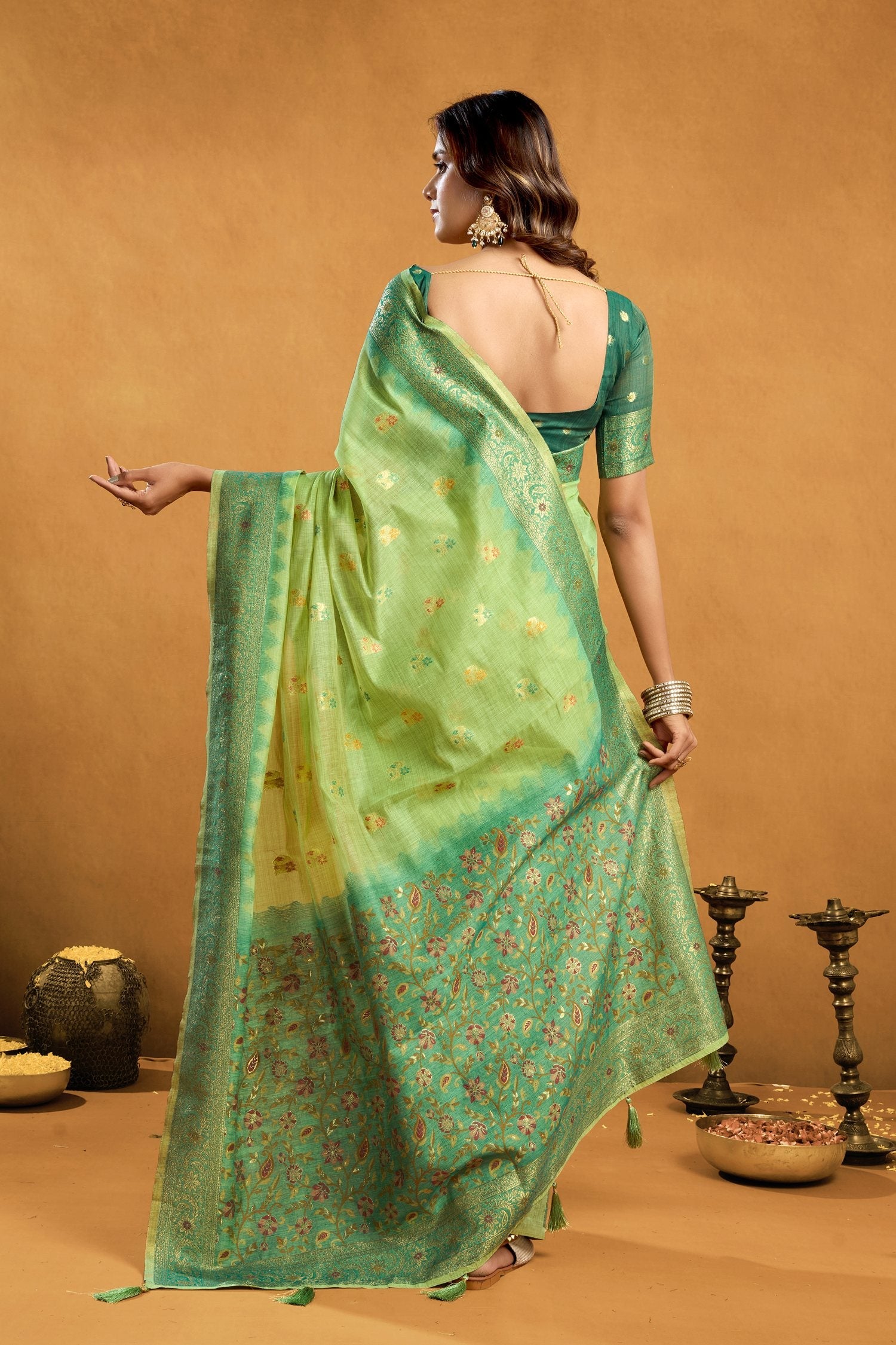 Jyoti Fashion Women's Green Premium Spun Cotton Zari Woven Saree with Blouse