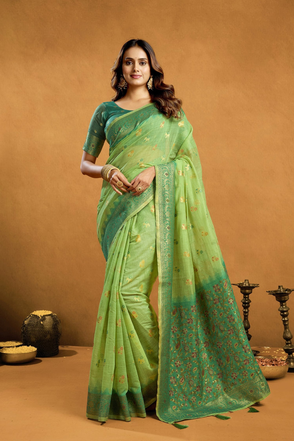 Jyoti Fashion Women's Green Premium Spun Cotton Zari Woven Saree with Blouse