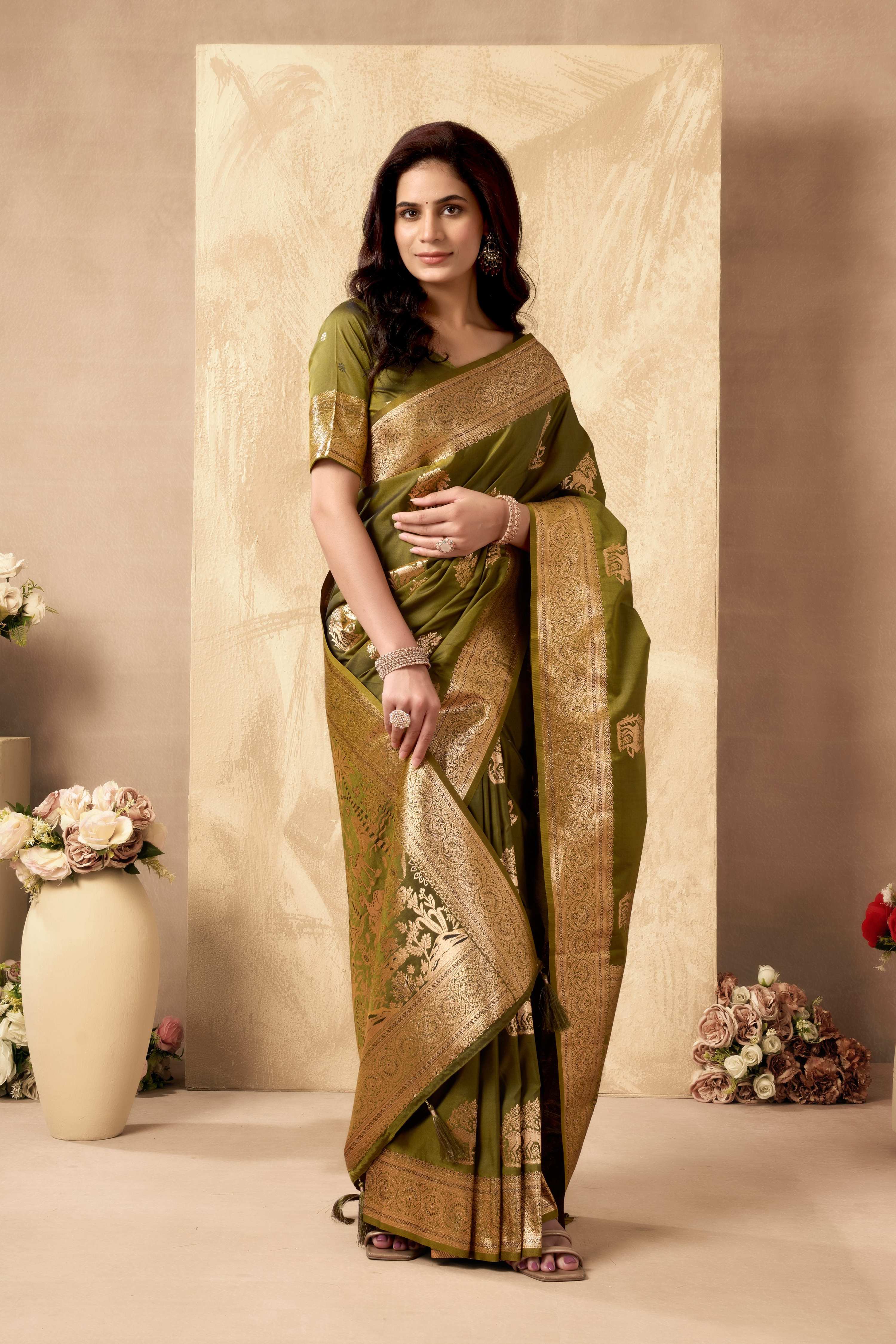 Jyoti Fashion Women's Mehendi Silk Zari Woven Saree with Blouse