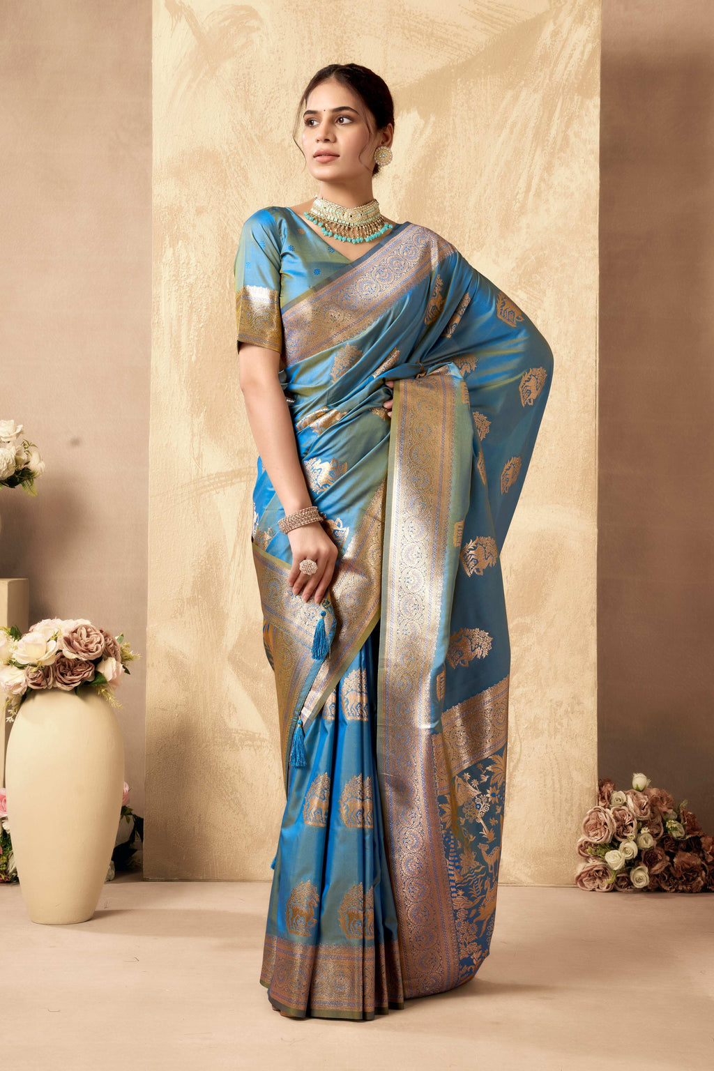 Jyoti Fashion Women's Sky Blue Silk Zari Woven Saree with Blouse