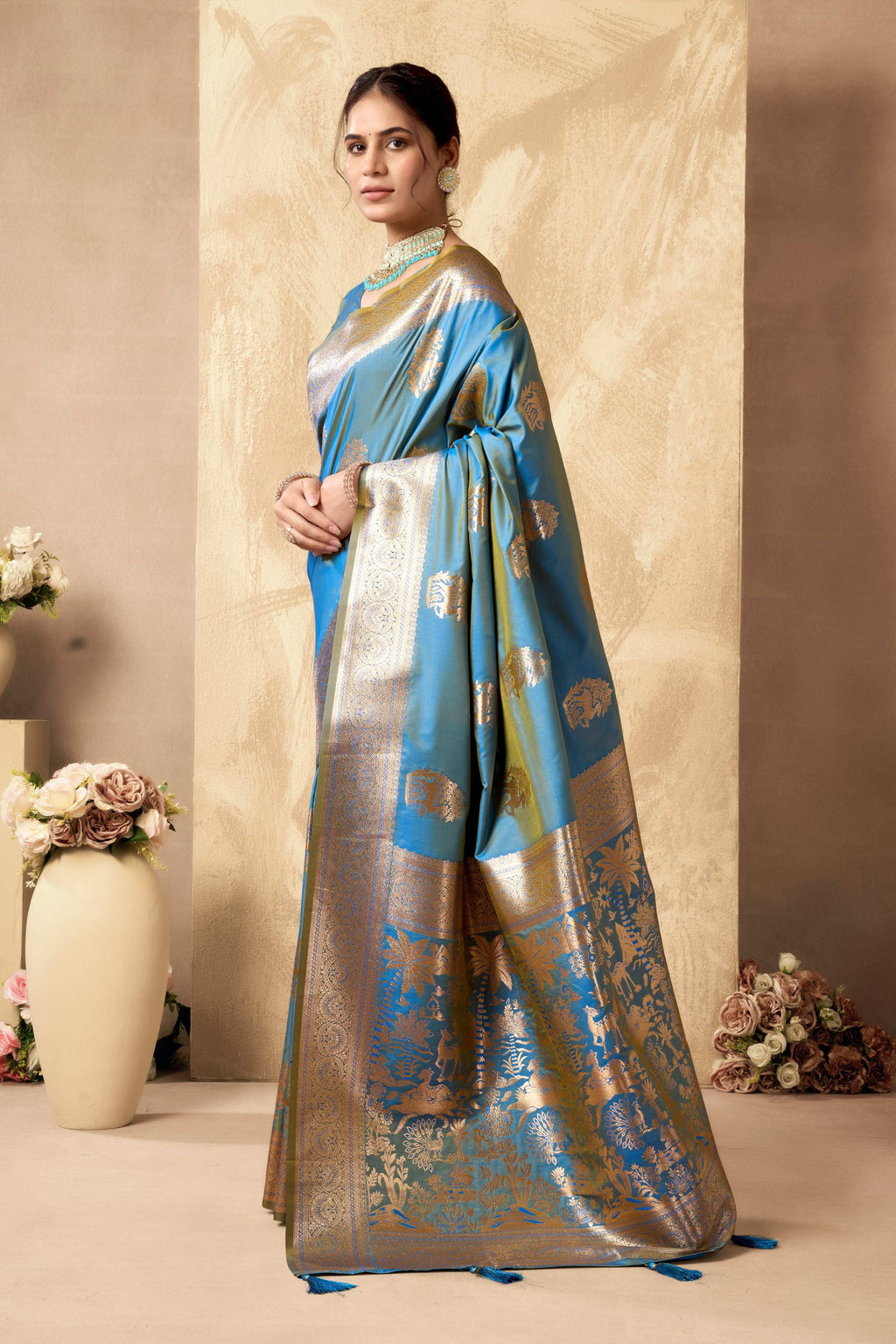 Jyoti Fashion Women's Sky Blue Silk Zari Woven Saree with Blouse