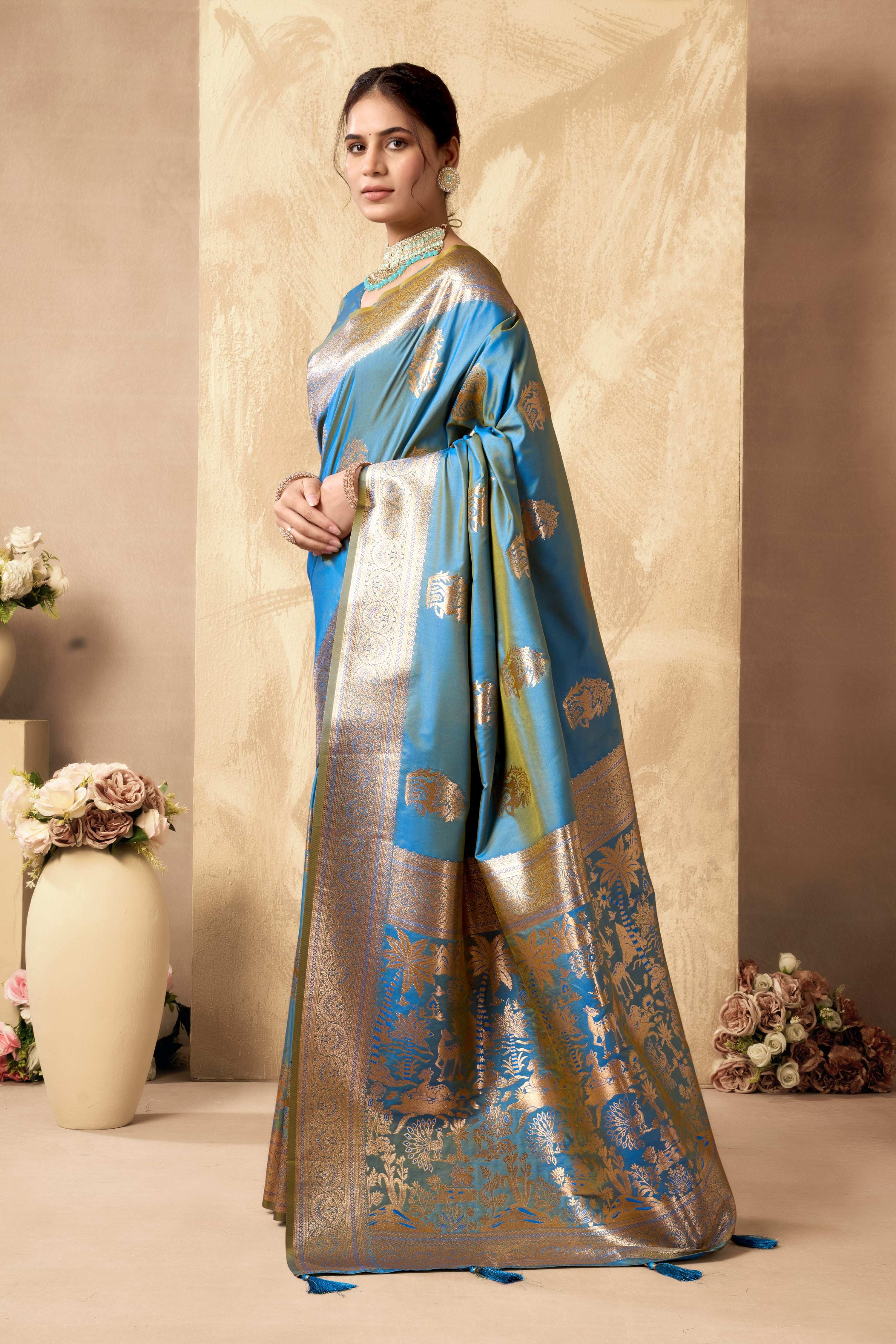 Jyoti Fashion Women's Sky Blue Silk Zari Woven Saree with Blouse