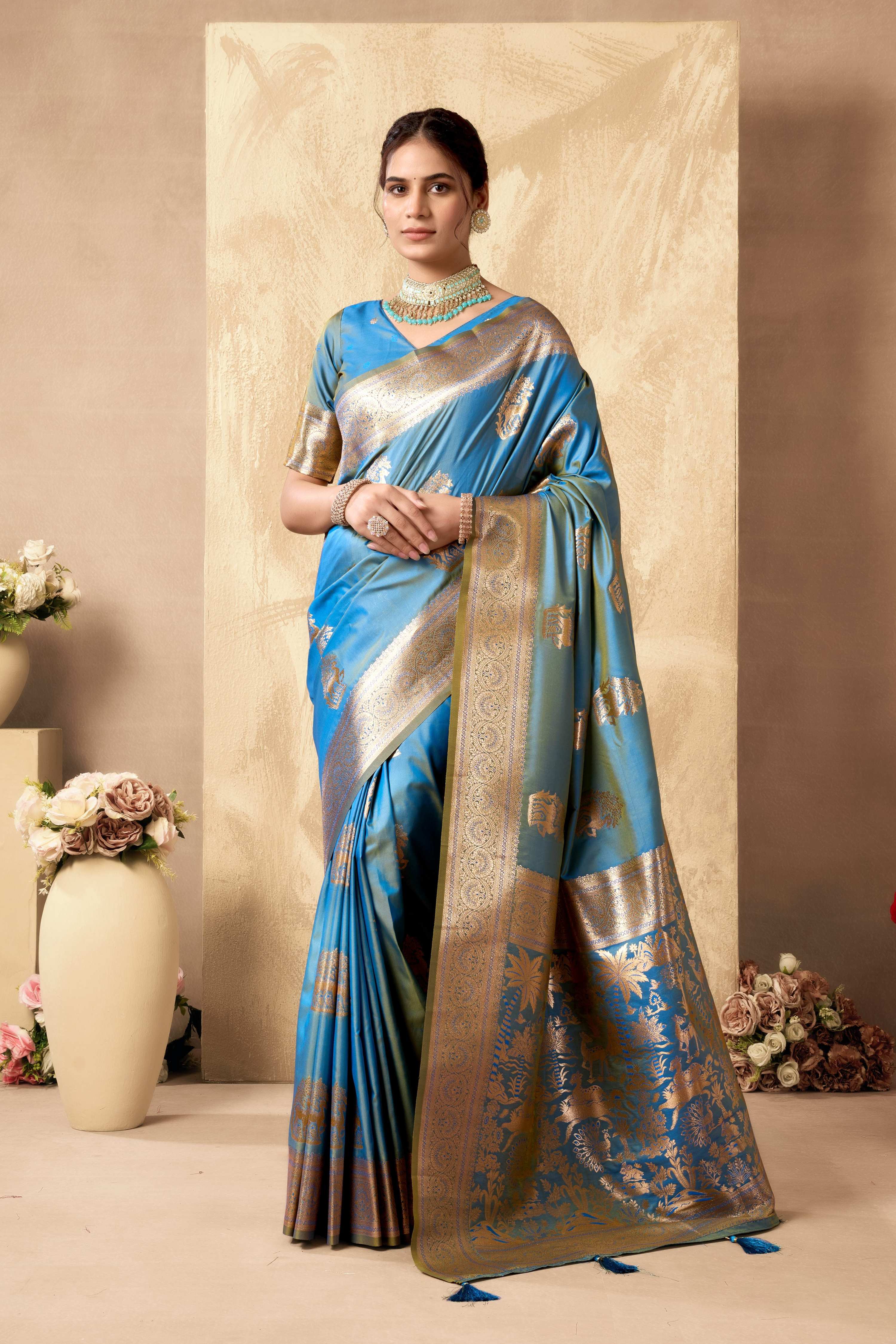Jyoti Fashion Women's Sky Blue Silk Zari Woven Saree with Blouse