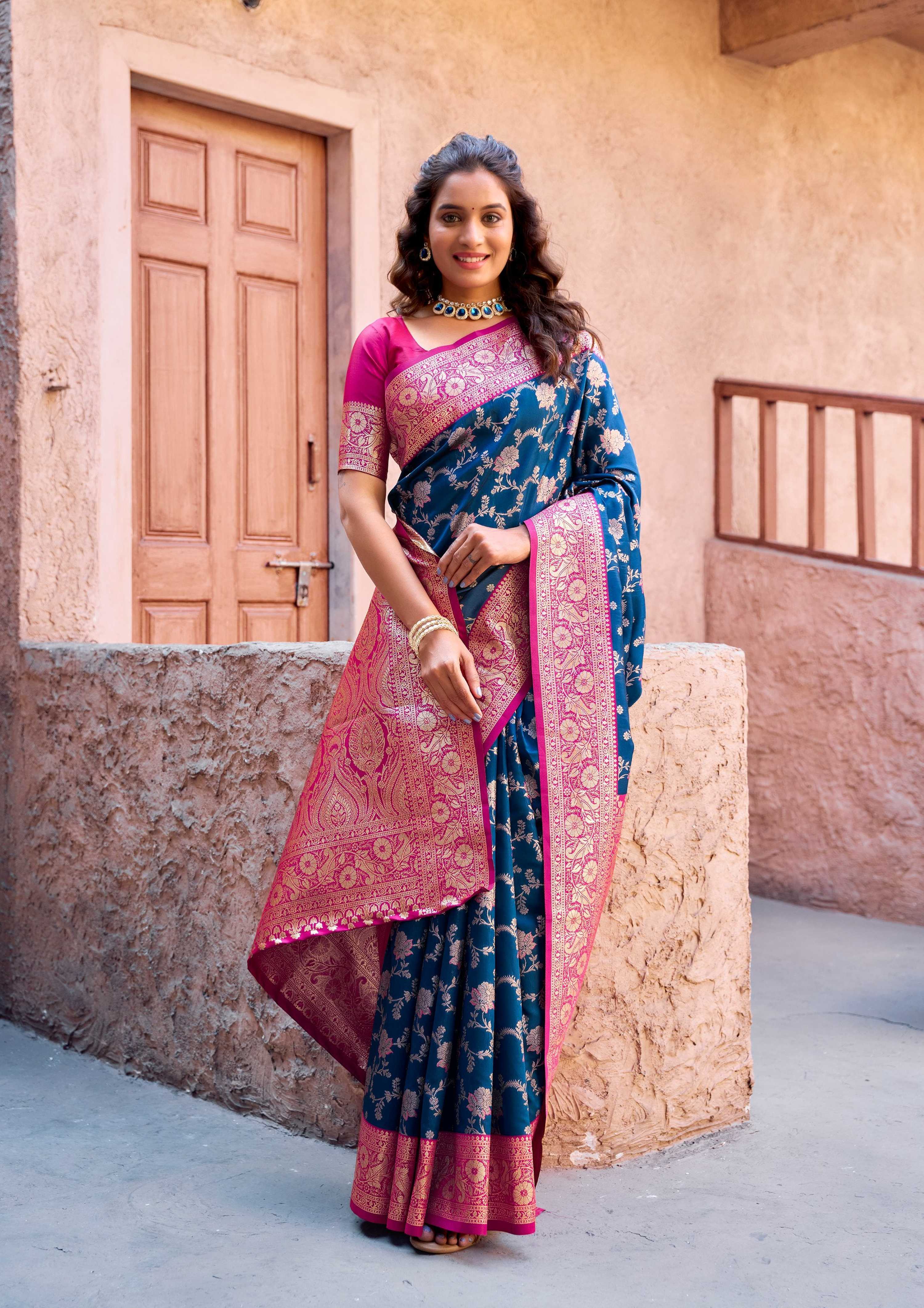 Jyoti Fashion Women's Navy Blue Silk Zari Woven Saree with Blouse
