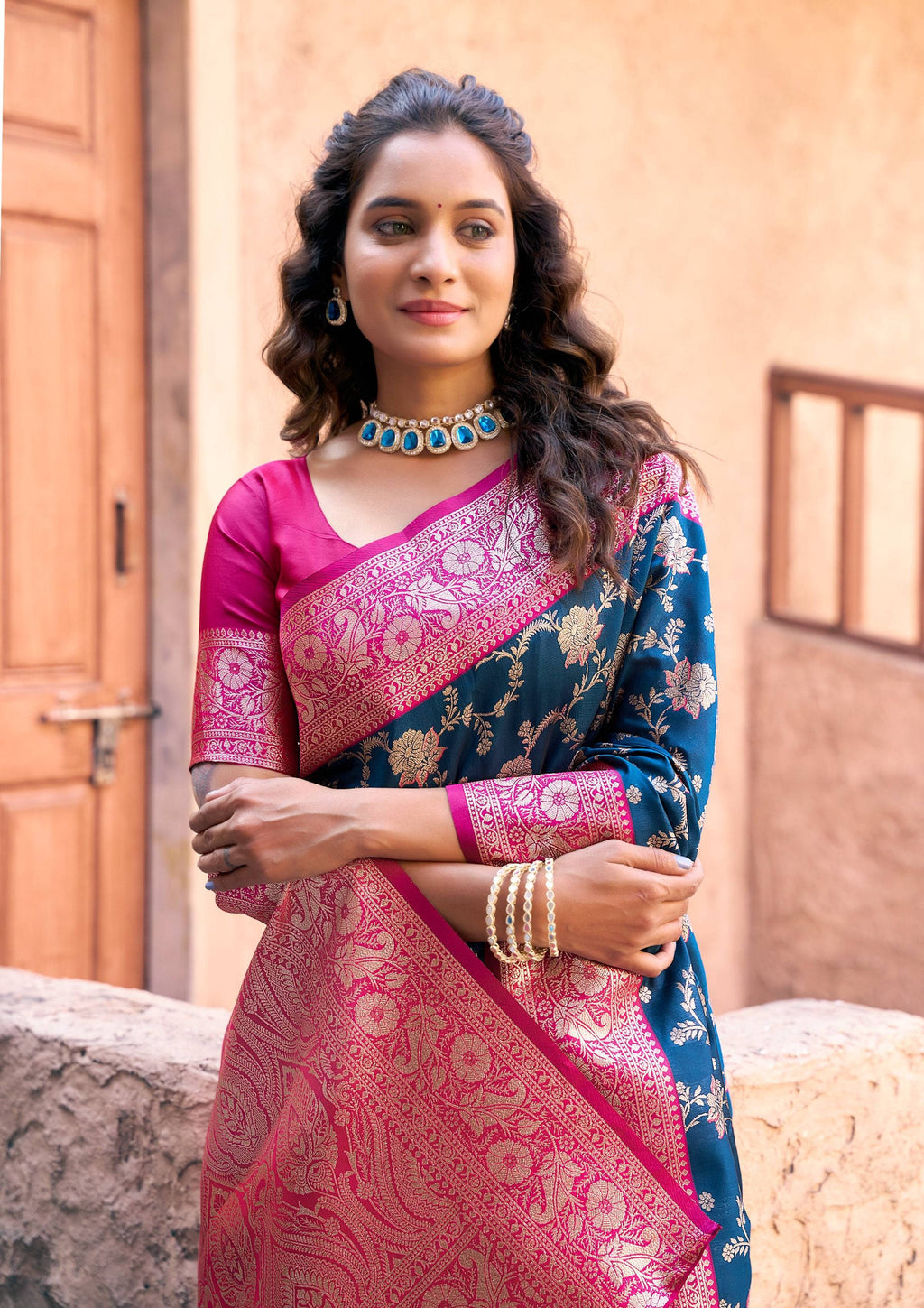 Jyoti Fashion Women's Navy Blue Silk Zari Woven Saree with Blouse
