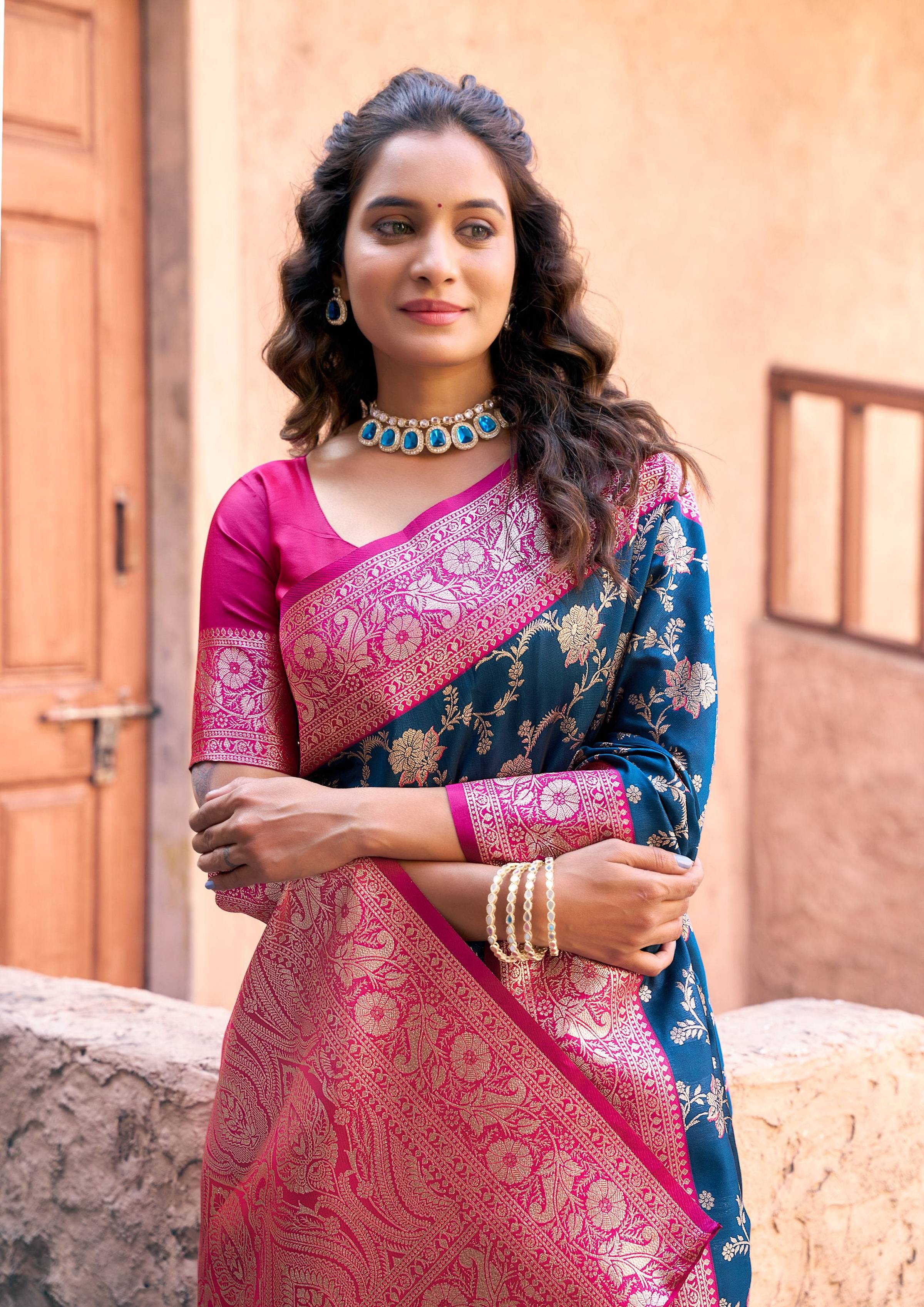 Jyoti Fashion Women's Navy Blue Silk Zari Woven Saree with Blouse