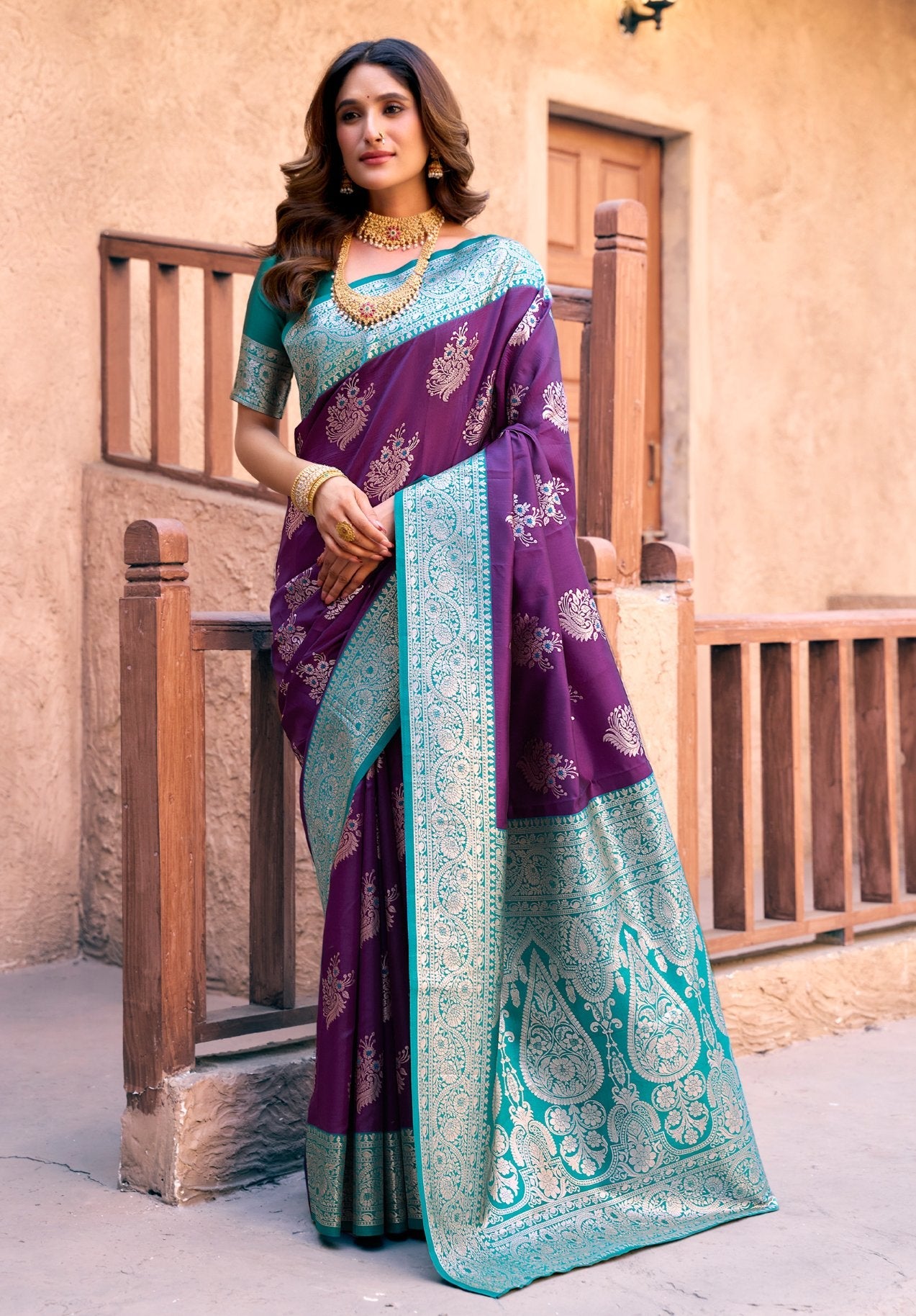 Jyoti Fashion Women's Purple Silk Zari Woven Saree with Blouse