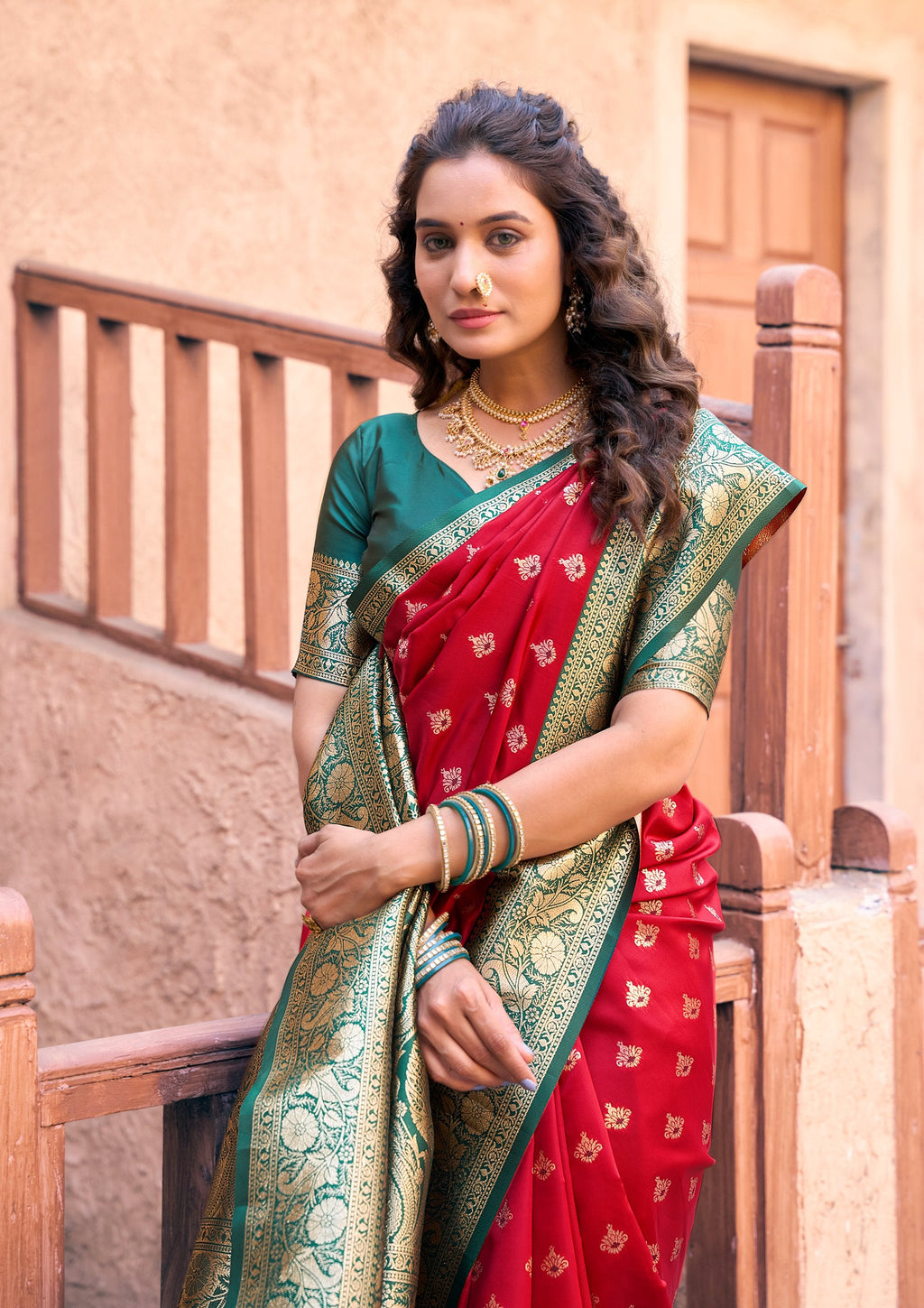 Jyoti Fashion Women's Red Silk Zari Woven Saree with Blouse